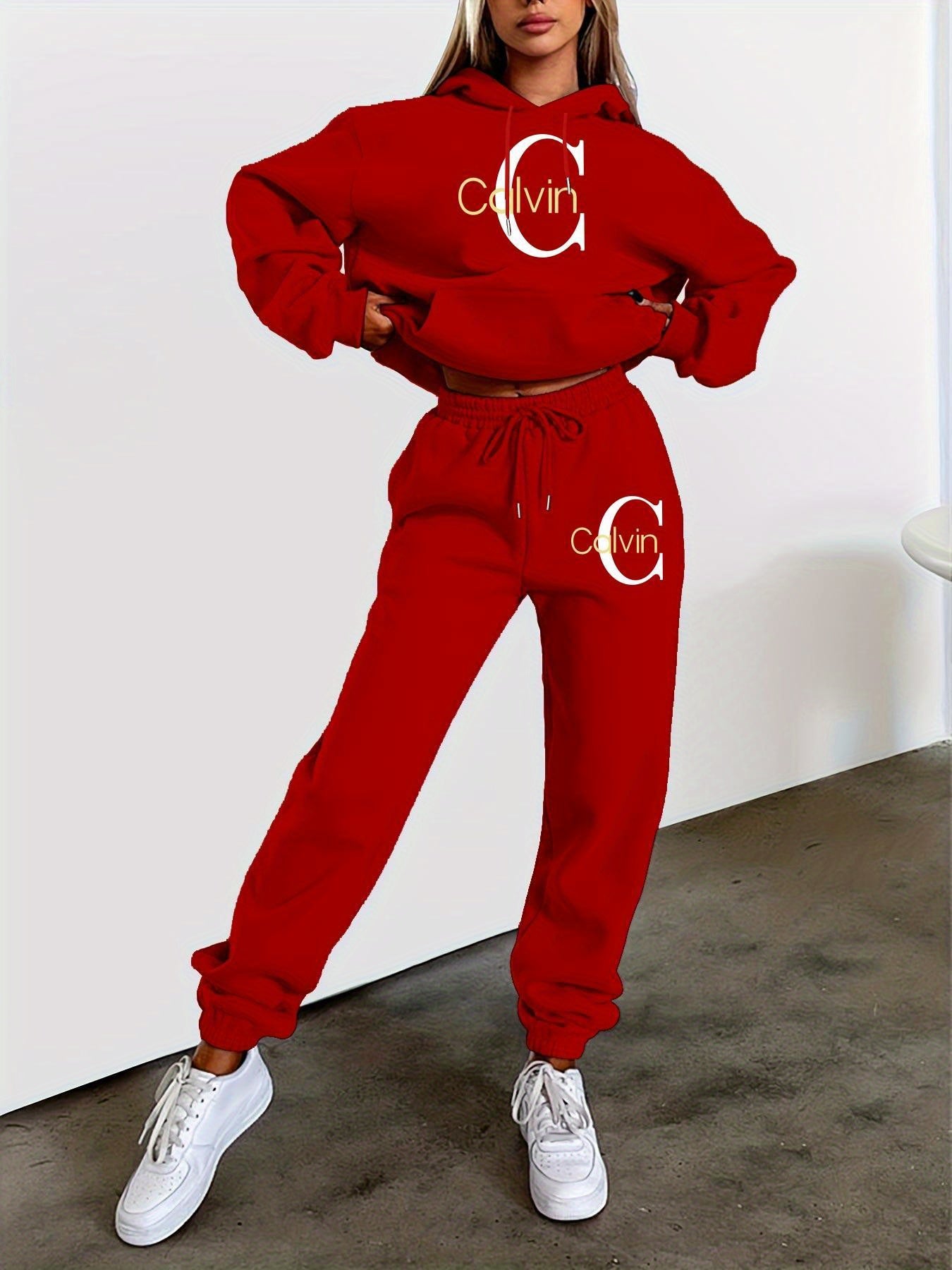 Women'S Printed Sweatshirt & Pants Set - Gray Pullover with "Calvin" Logo, Kangaroo Pocket, Machine Washable, Casual Wear, Casual Wear|Graphic Hoodie|Machine Washable Top, Sweater Hoodie