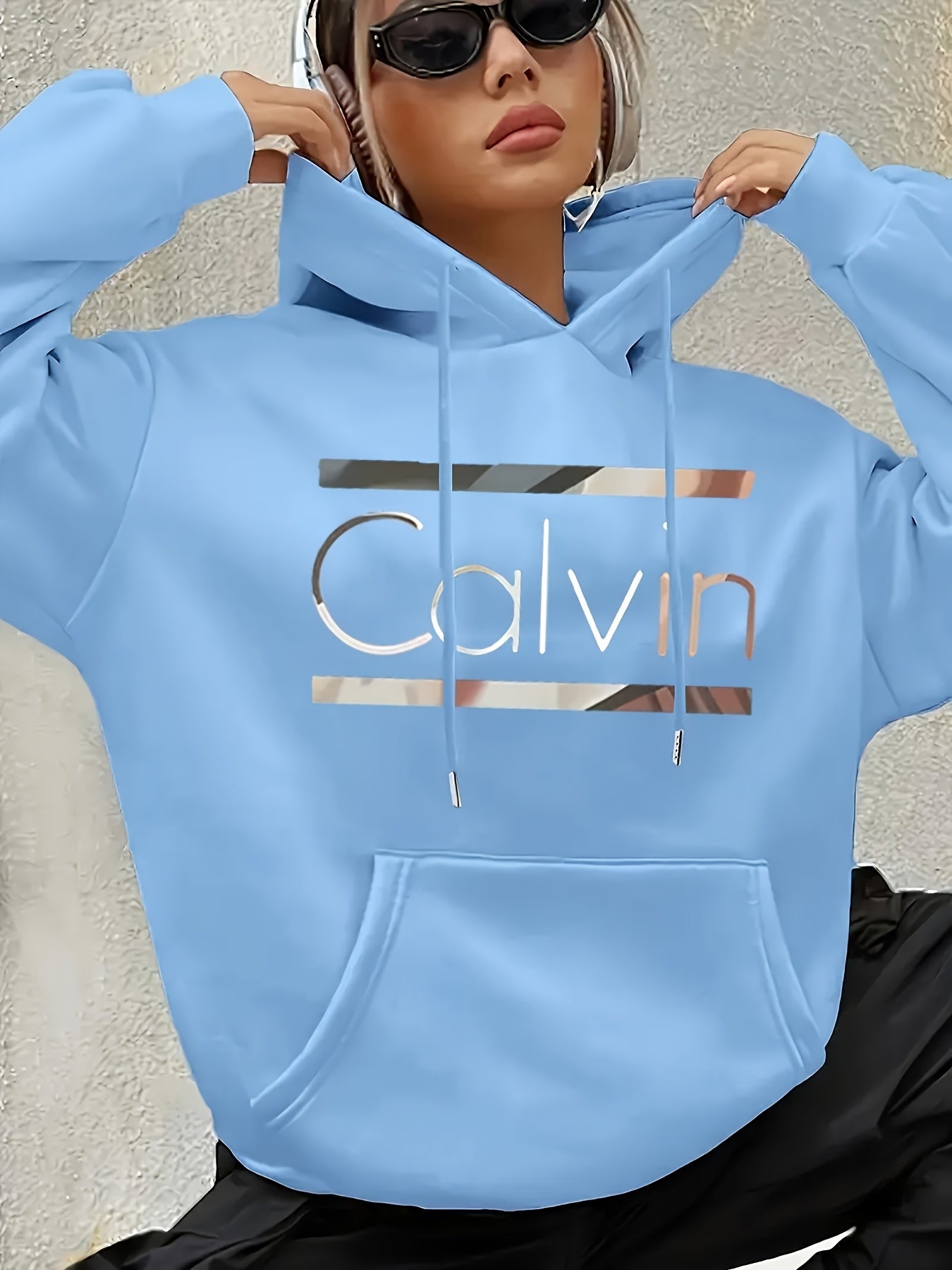 [Cozy Calvin Hoodie] Cozy Polyester Women's "Calvin" Graphic Hoodie | Casual Green Letter Print Pullover with Drawstrings, Long Sleeves, and Front Pocket