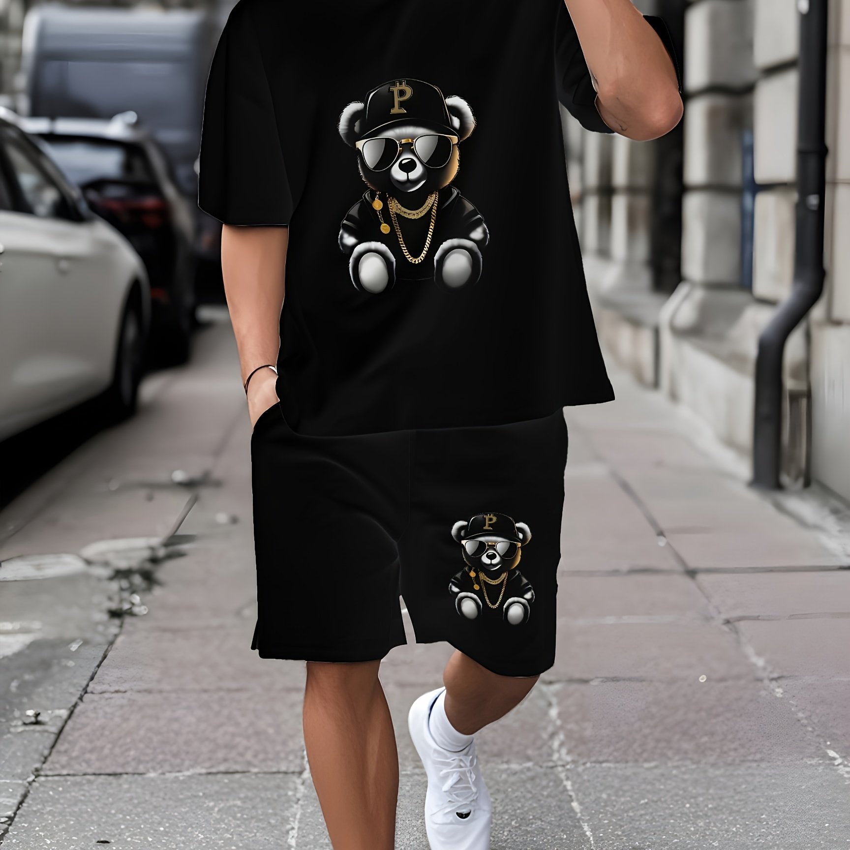 New Men's leisure sports and leisure suit crew neck t-shirt short sleeves + shorts, CALVIN letter geometric lines decorative printing, fashionable, comfortable and breathable, suitable for outdoor activities summer two
