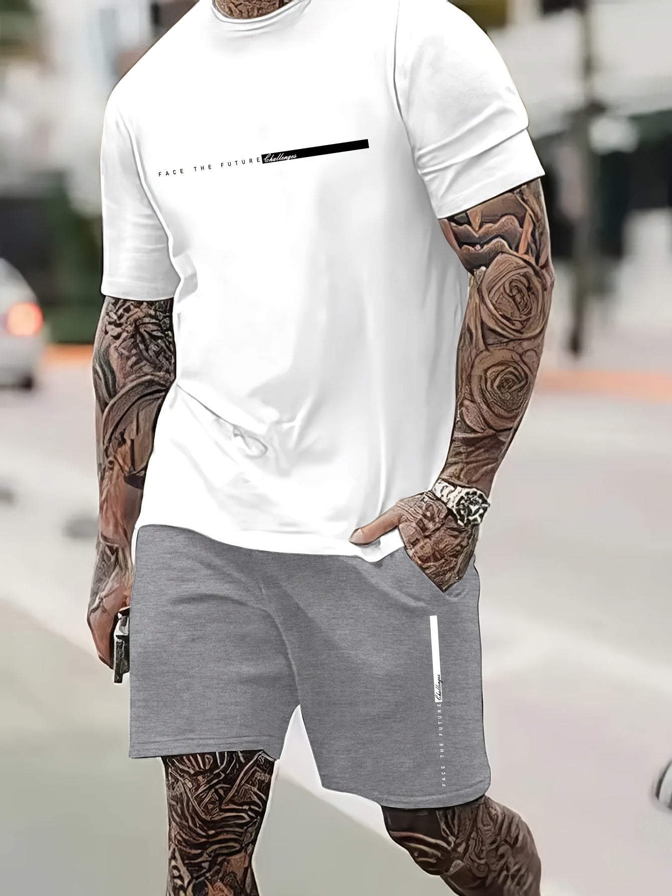 2Pcs Summer Comfy Outfits - Paris Pattern Print Short Sleeve Crew Neck T-shirt & Jogger Shorts Set for Men - Soft Slight Stretch Polyester Fabric, Regular Fit, Hand Washable, Casual Style