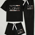 Three-Piece Pajama Set for Women with Calvin Print