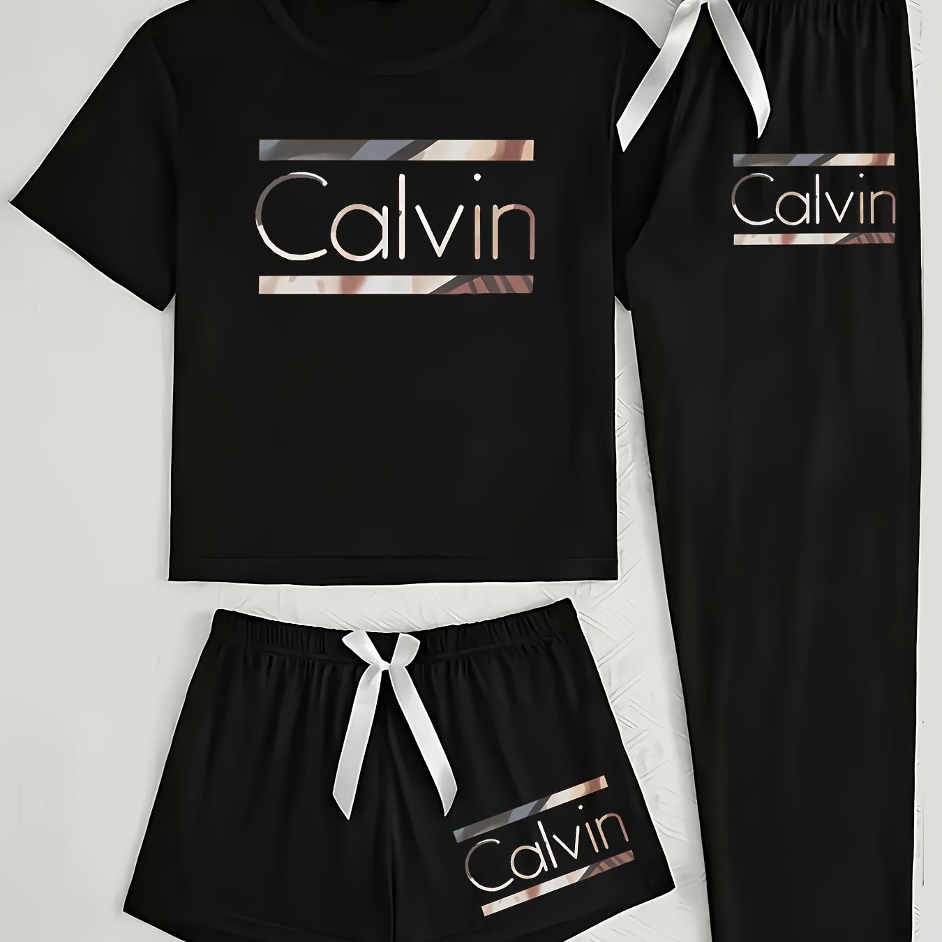 Three-Piece Pajama Set for Women with Calvin Print