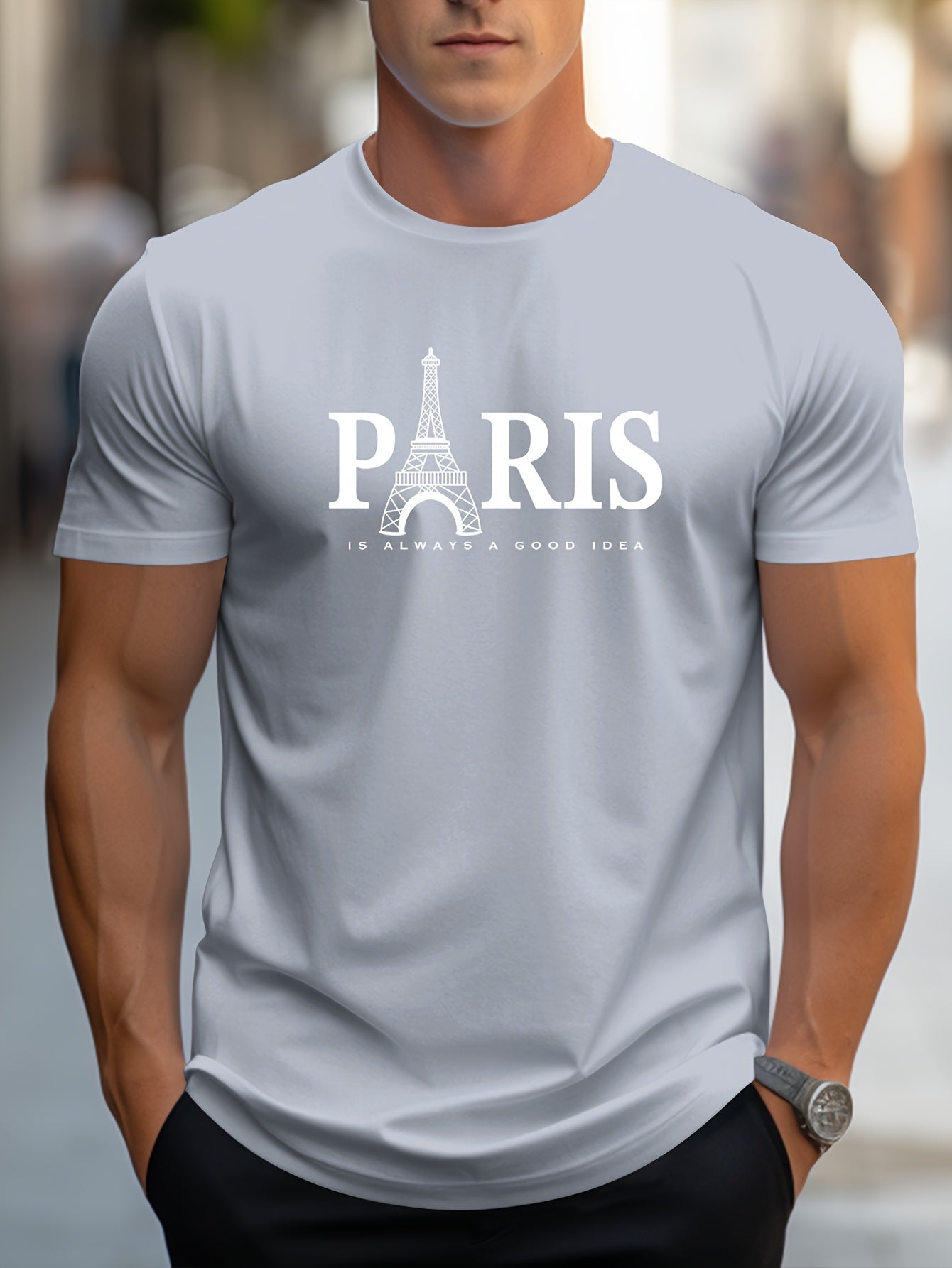 Men's Paris Eiffel Tower Graphic Tee - Casual Crew Neck, Short Sleeve T-Shirt with Stretch Fabric, Machine Washable - Summer Essential