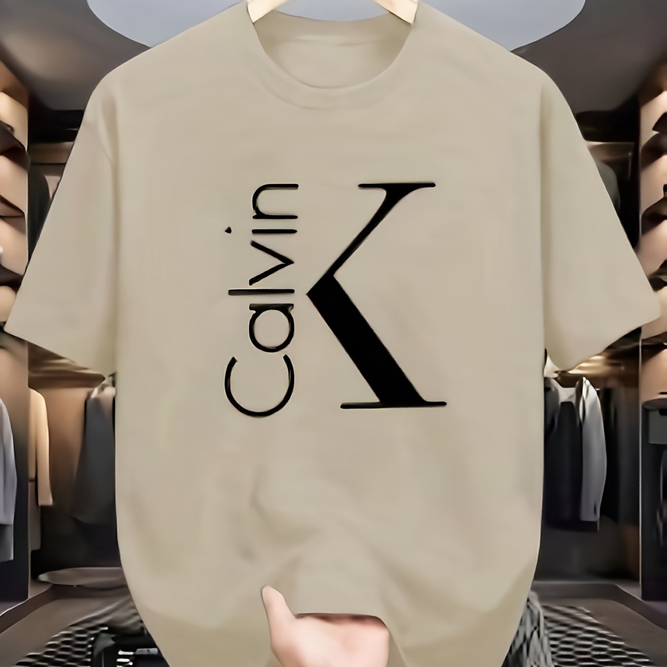 Men'S 180g Pure Cotton Business Casual T - Shirt, Featuring A Bold "Calvin" Print And Badge Design, Round - Neck Short - Sleeves, Versatile For Business, Perfect For Summer Daily Wear, Machine Washable, Suitable For All Seaso