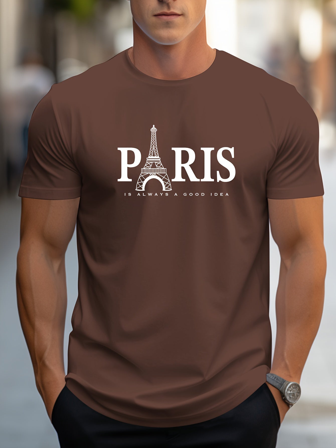 Men's Paris Eiffel Tower Graphic Tee - Casual Crew Neck, Short Sleeve T-Shirt with Stretch Fabric, Machine Washable - Summer Essential