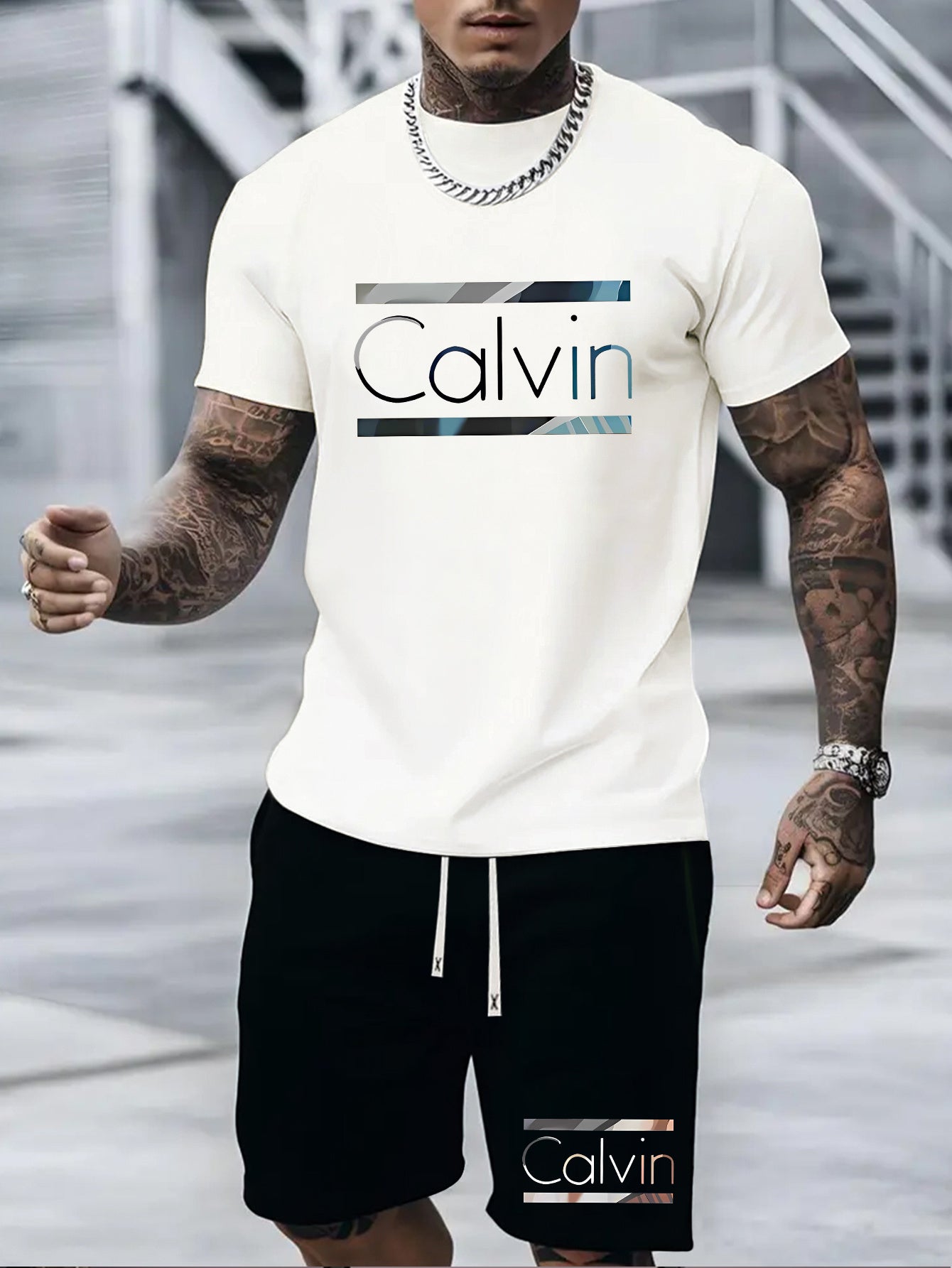 New Men's leisure sports and leisure suit crew neck t-shirt short sleeves + shorts, CALVIN letter geometric lines decorative printing, fashionable, comfortable and breathable, suitable for outdoor activities summer two