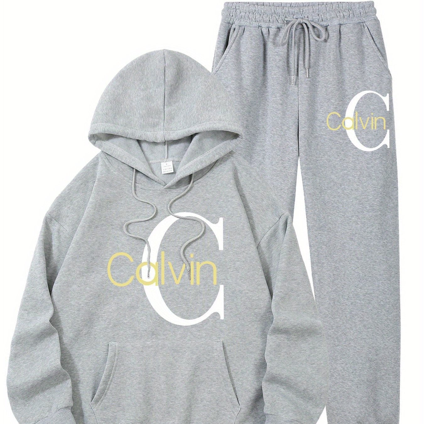 Women'S Printed Sweatshirt & Pants Set - Gray Pullover with "Calvin" Logo, Kangaroo Pocket, Machine Washable, Casual Wear, Casual Wear|Graphic Hoodie|Machine Washable Top, Sweater Hoodie