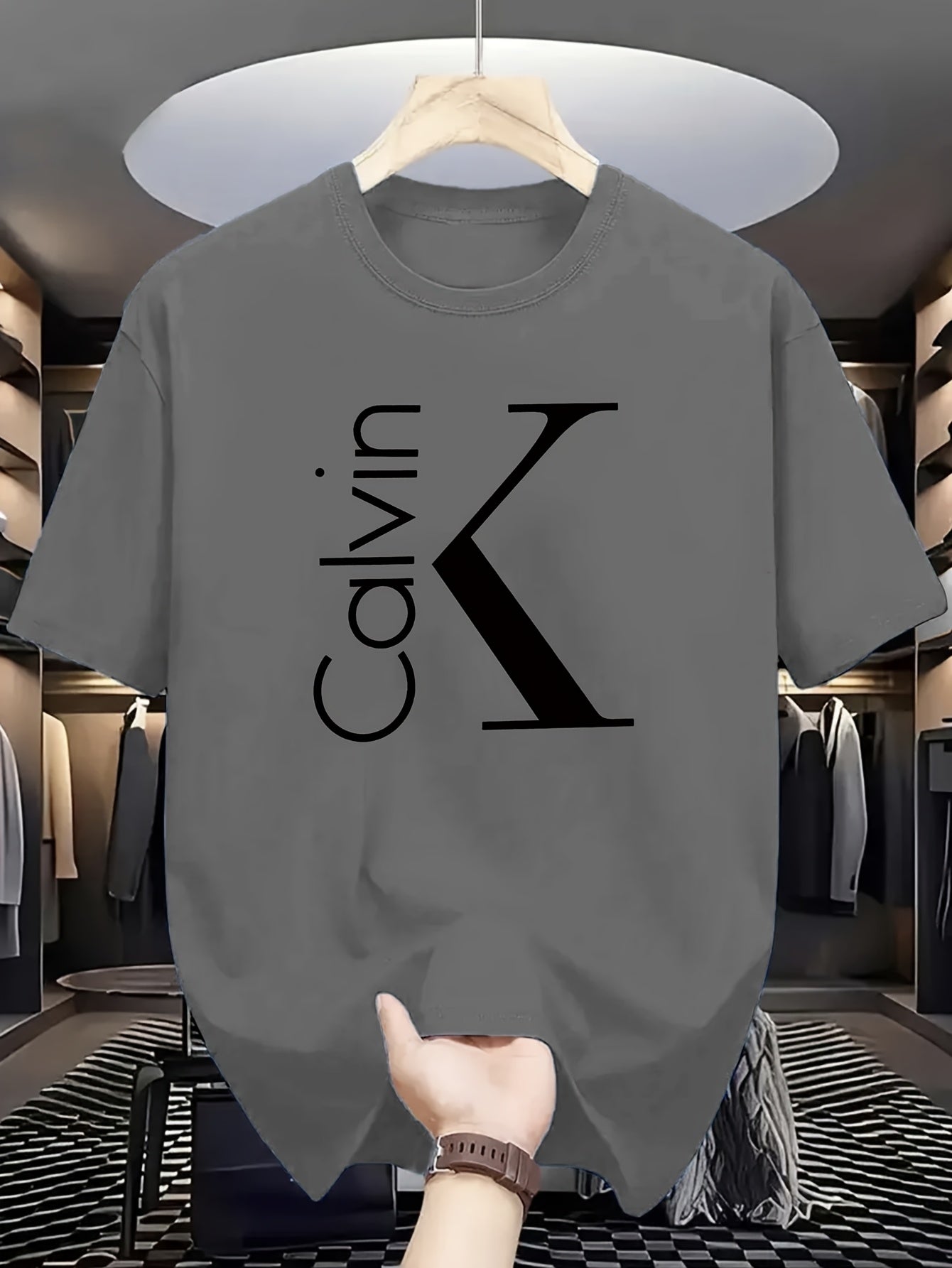 Men'S 180g Pure Cotton Business Casual T - Shirt, Featuring A Bold "Calvin" Print And Badge Design, Round - Neck Short - Sleeves, Versatile For Business, Perfect For Summer Daily Wear, Machine Washable, Suitable For All Seaso