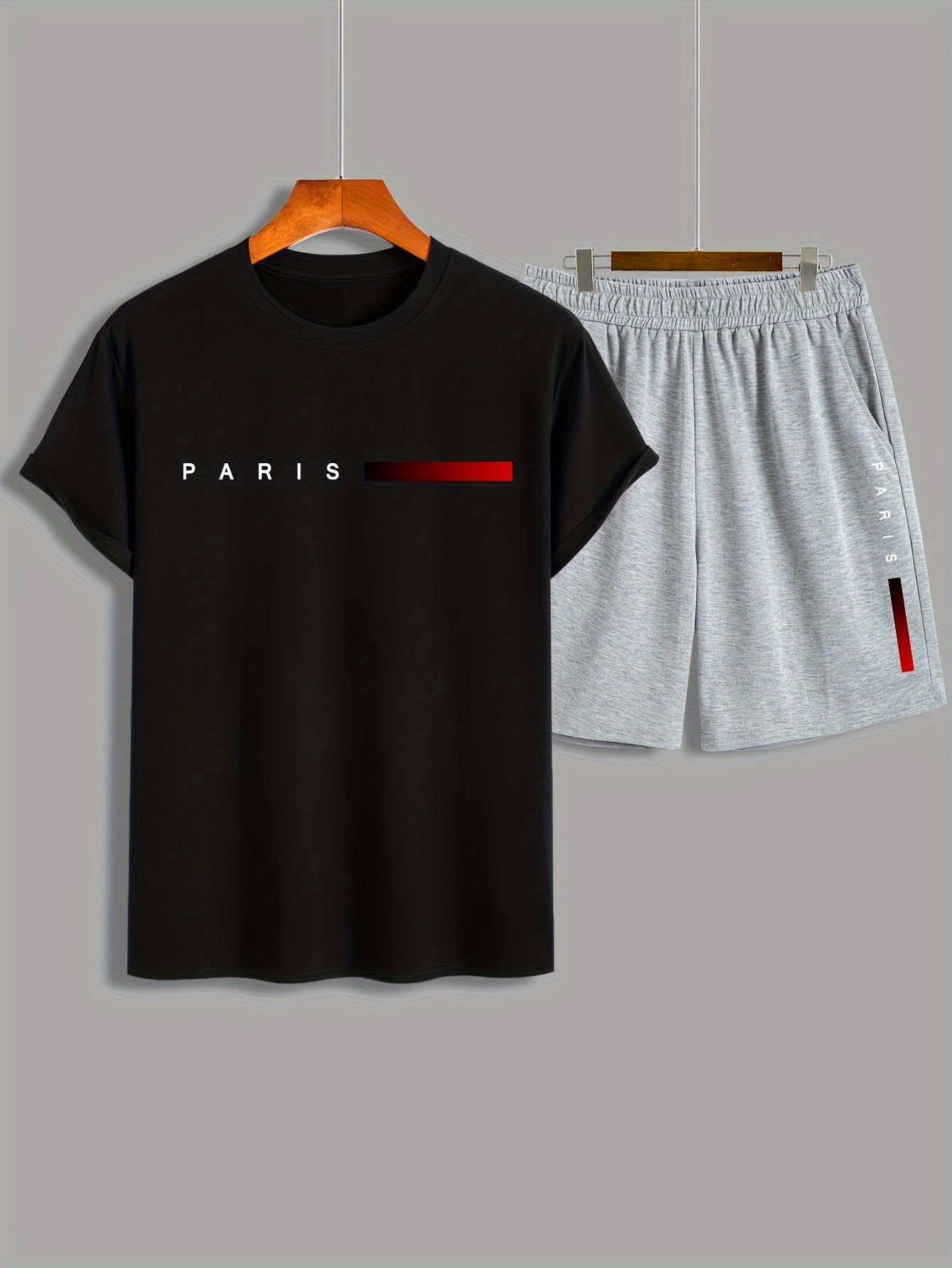 2Pcs Summer Comfy Outfits - Paris Pattern Print Short Sleeve Crew Neck T-shirt & Jogger Shorts Set for Men - Soft Slight Stretch Polyester Fabric, Regular Fit, Hand Washable, Casual Style