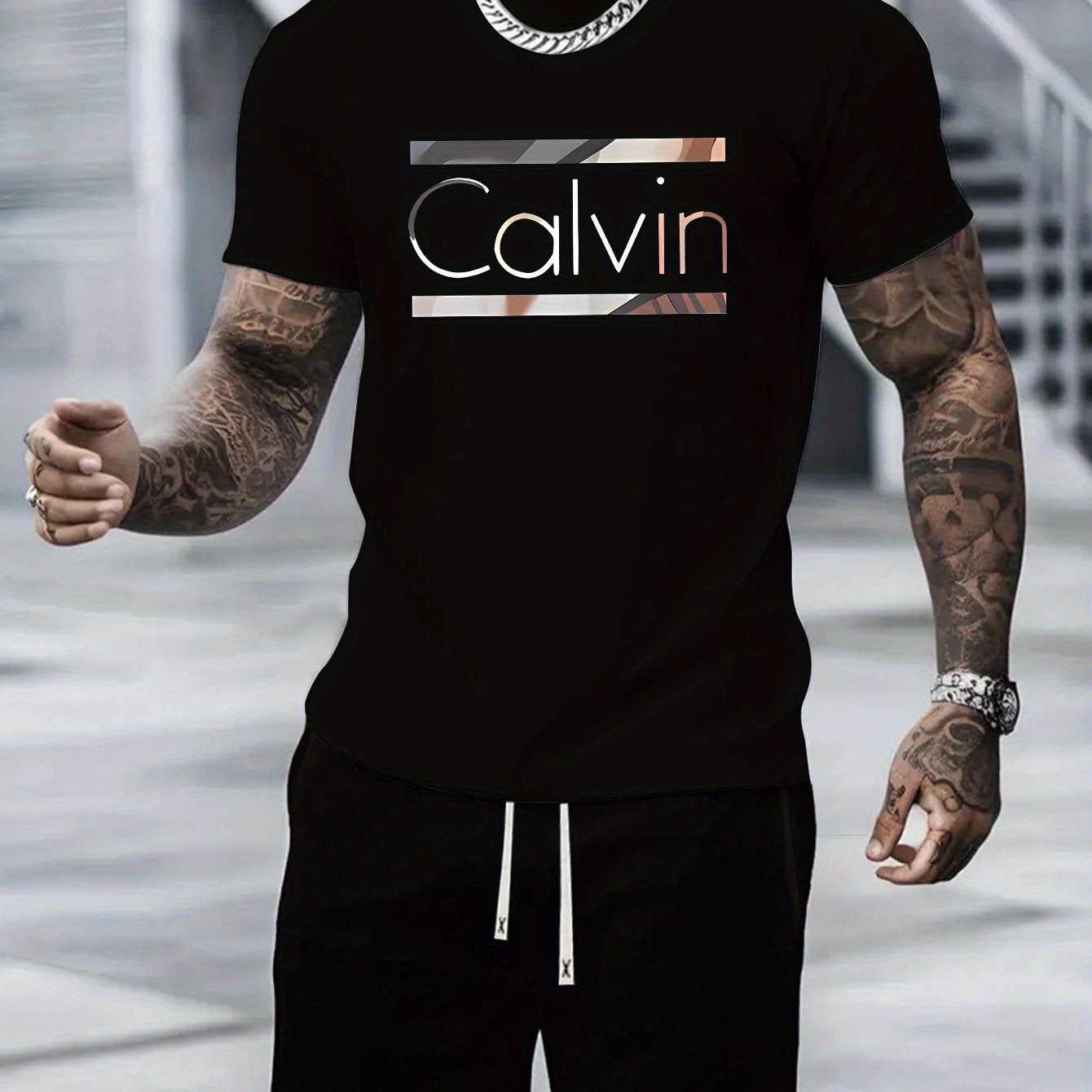 New Men's leisure sports and leisure suit crew neck t-shirt short sleeves + shorts, CALVIN letter geometric lines decorative printing, fashionable, comfortable and breathable, suitable for outdoor activities summer two