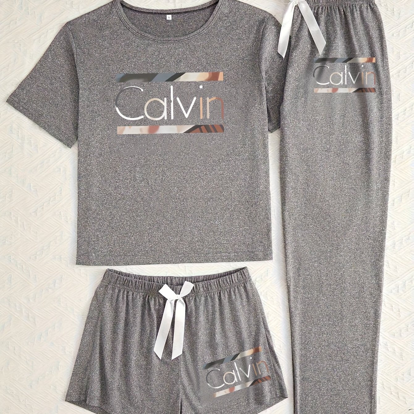 Three-Piece Pajama Set for Women with Calvin Print