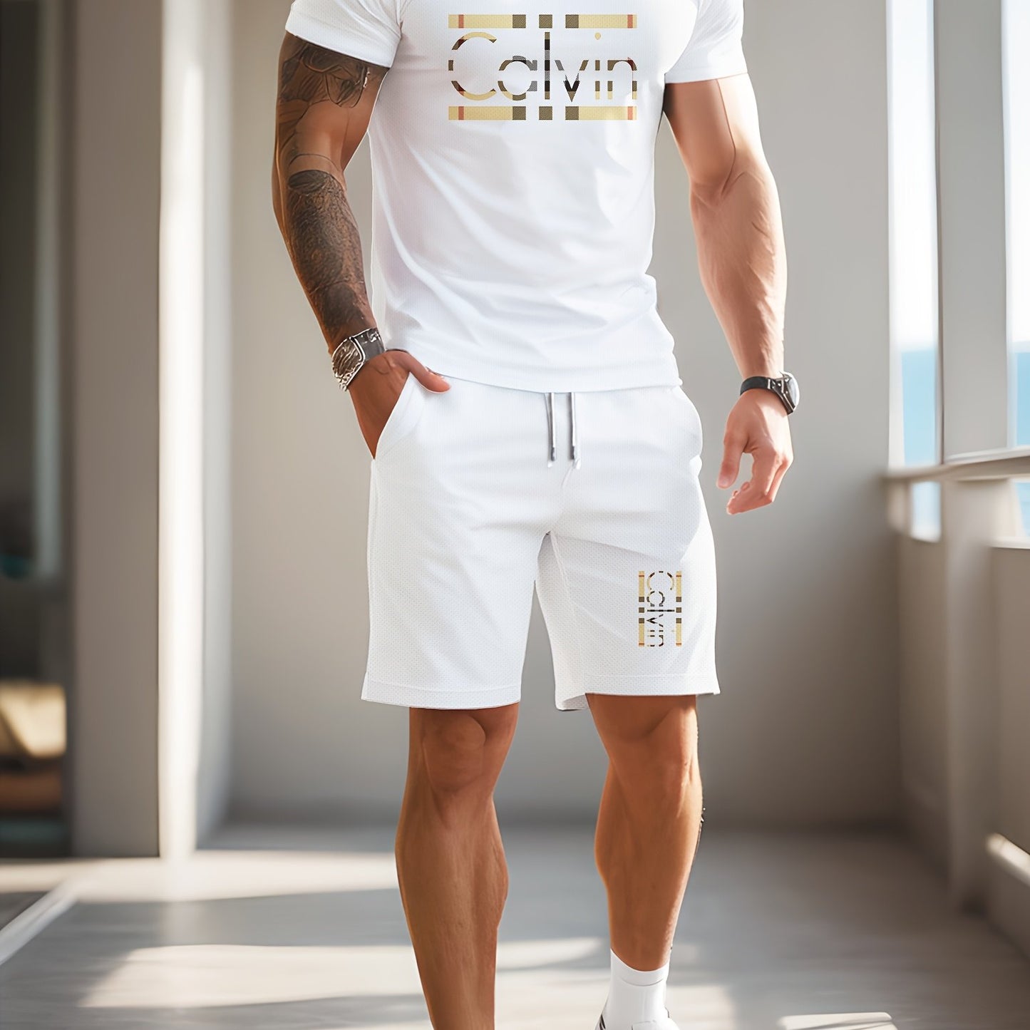 Men'S Casual Street Style 3D Quick-Dry Crew Neck Short Sleeve T-Shirt & Beach Shorts Set - Vibrant Pink with "Calvin" Letter Print, Lightweight Summer Outfit for Casual Attire, Beach Attire|Vibrant Print Tee|Lightweight Fabri