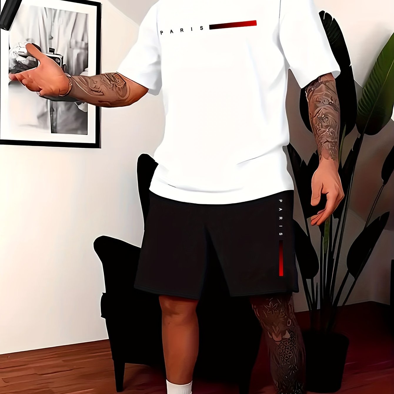 2Pcs Summer Comfy Outfits - Paris Pattern Print Short Sleeve Crew Neck T-shirt & Jogger Shorts Set for Men - Soft Slight Stretch Polyester Fabric, Regular Fit, Hand Washable, Casual Style