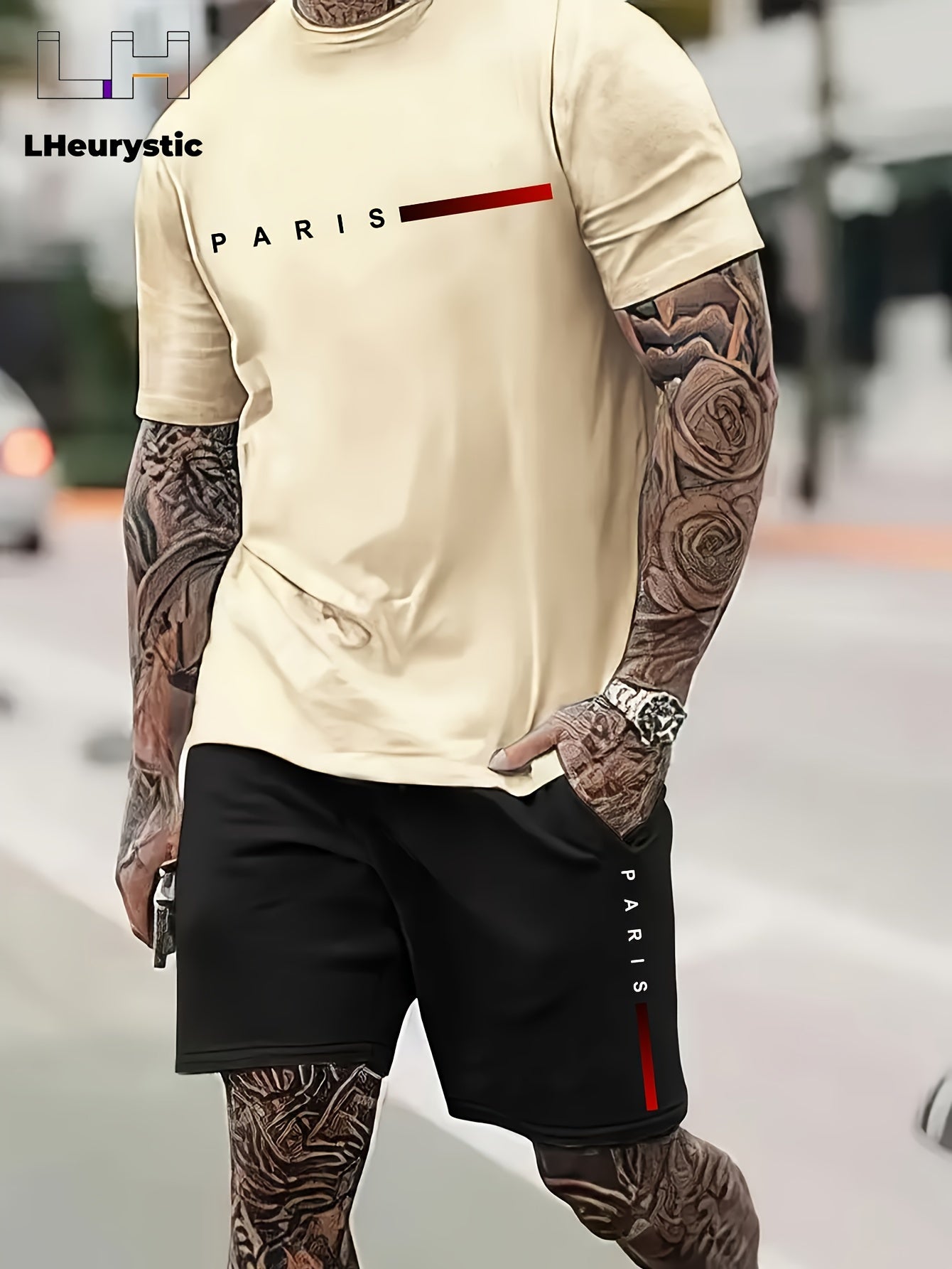 2pcs Paris Print Men's Short Sleeve T-shirt & Drawstring Shorts Casual Sports Regular Tee Top Pants Suit Outfits for Spring Summer