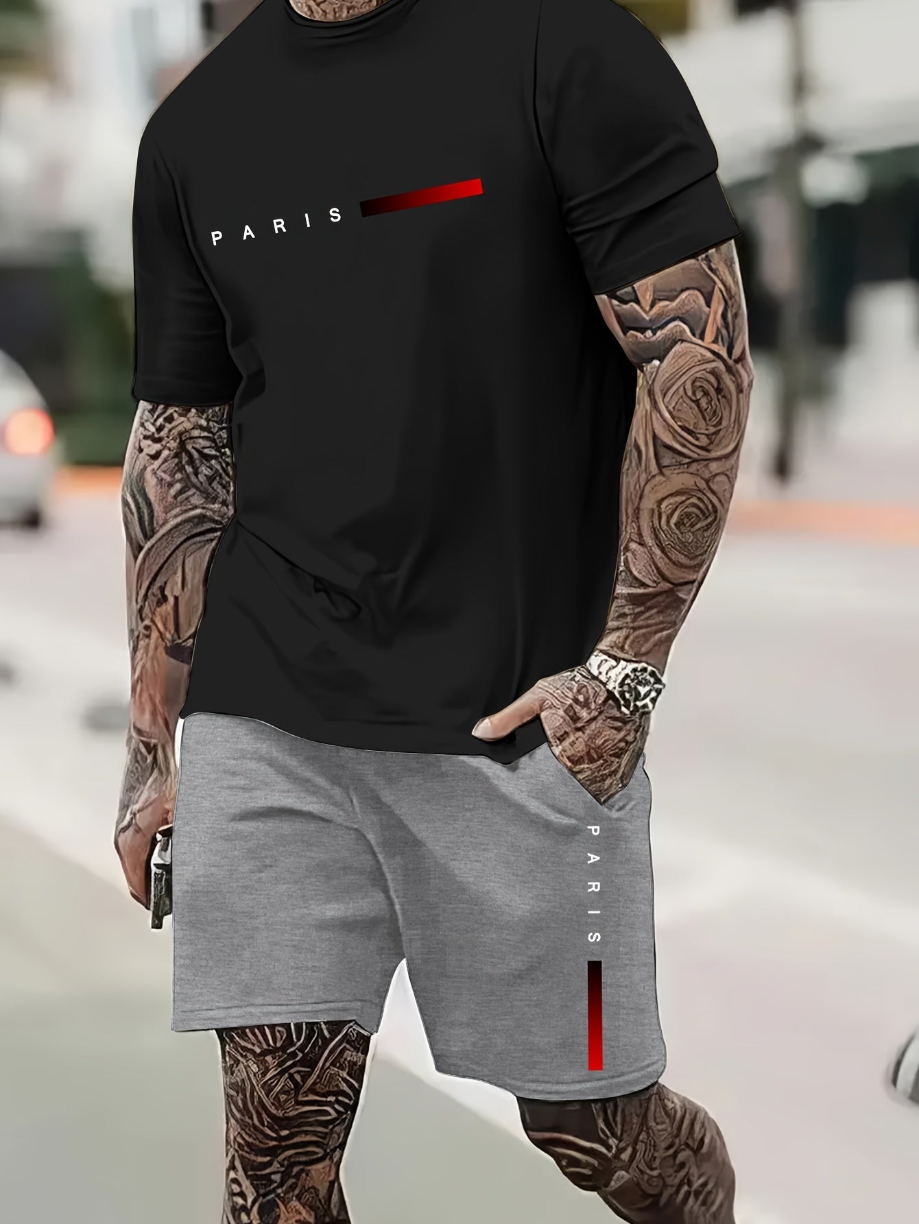 2Pcs Summer Comfy Outfits - Paris Pattern Print Short Sleeve Crew Neck T-shirt & Jogger Shorts Set for Men - Soft Slight Stretch Polyester Fabric, Regular Fit, Hand Washable, Casual Style
