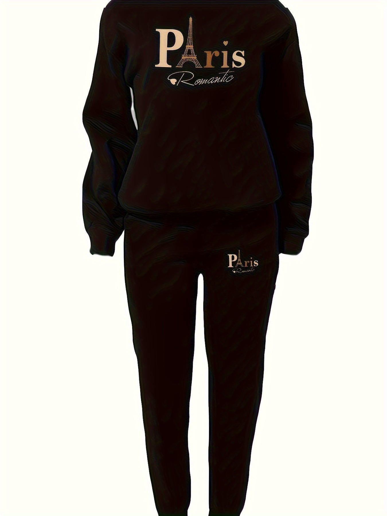 Paris Print Casual Pants Set, Crew Neck Long Sleeve Sweatshirt & Pocket Pants Outfits, Women's Clothing