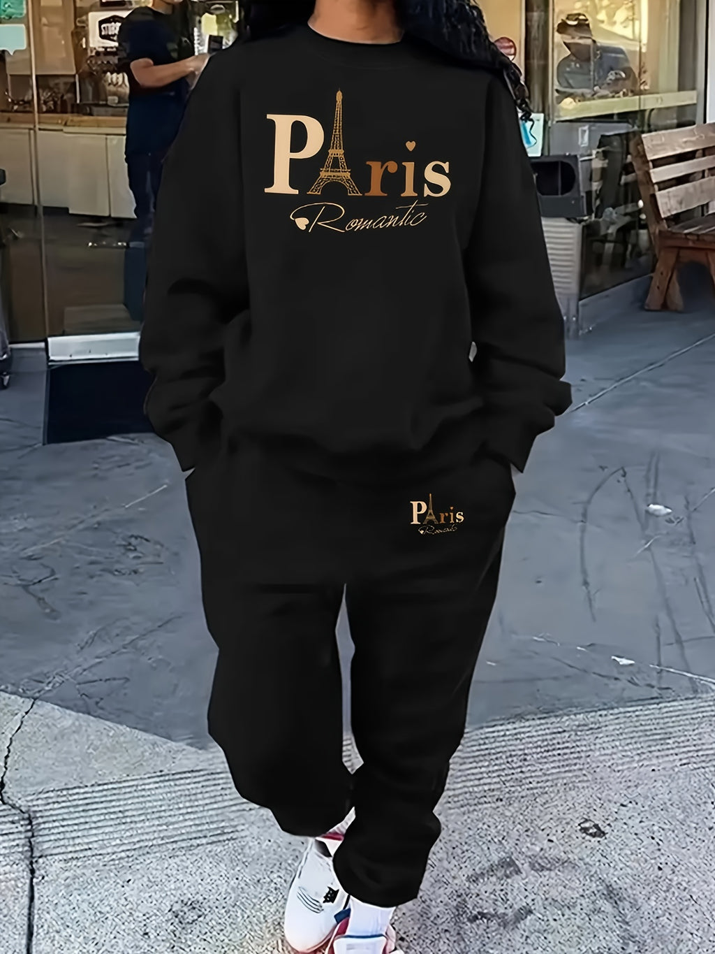 Paris Print Casual Pants Set, Crew Neck Long Sleeve Sweatshirt & Pocket Pants Outfits, Women's Clothing