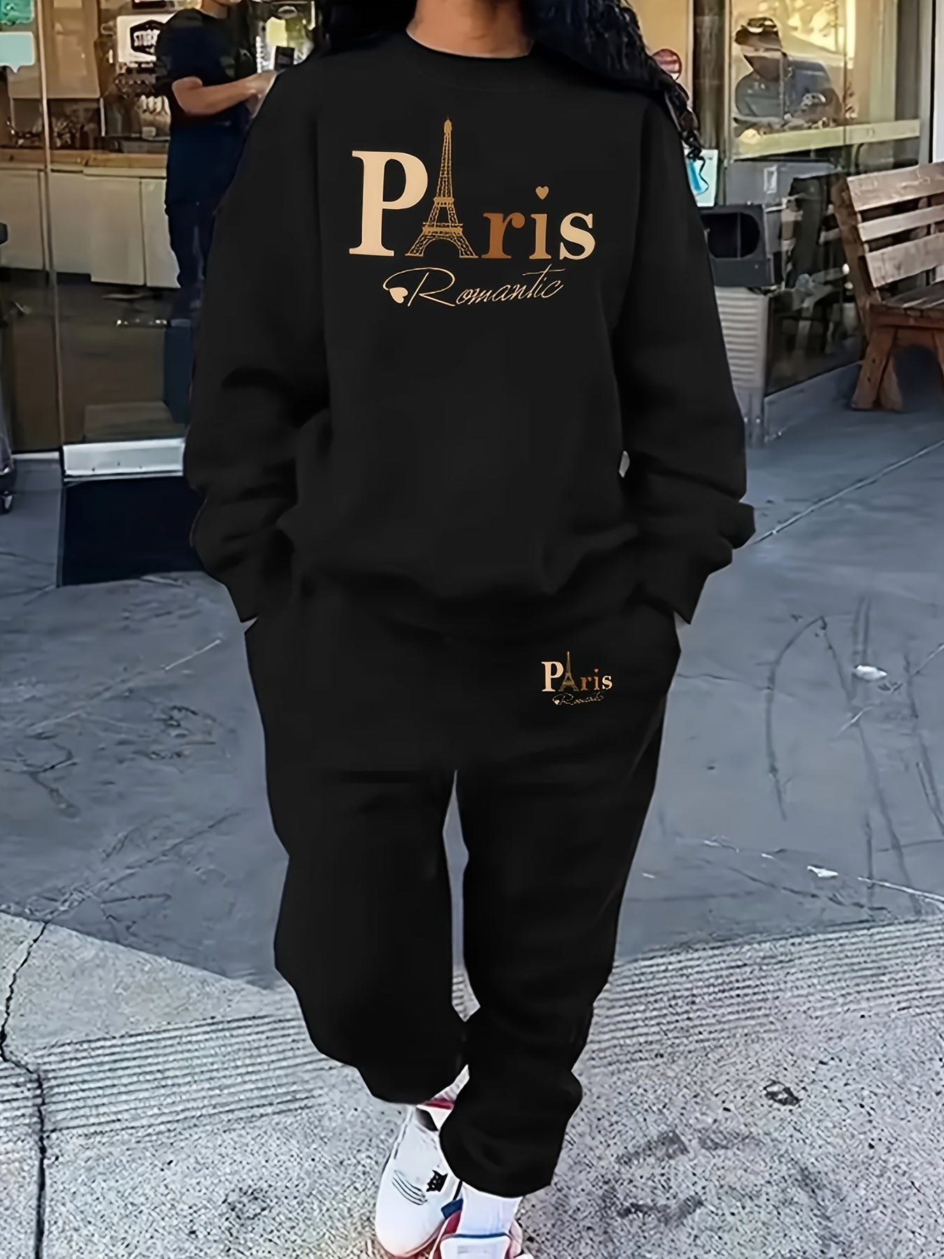 Paris Print Casual Pants Set, Crew Neck Long Sleeve Sweatshirt & Pocket Pants Outfits, Women's Clothing