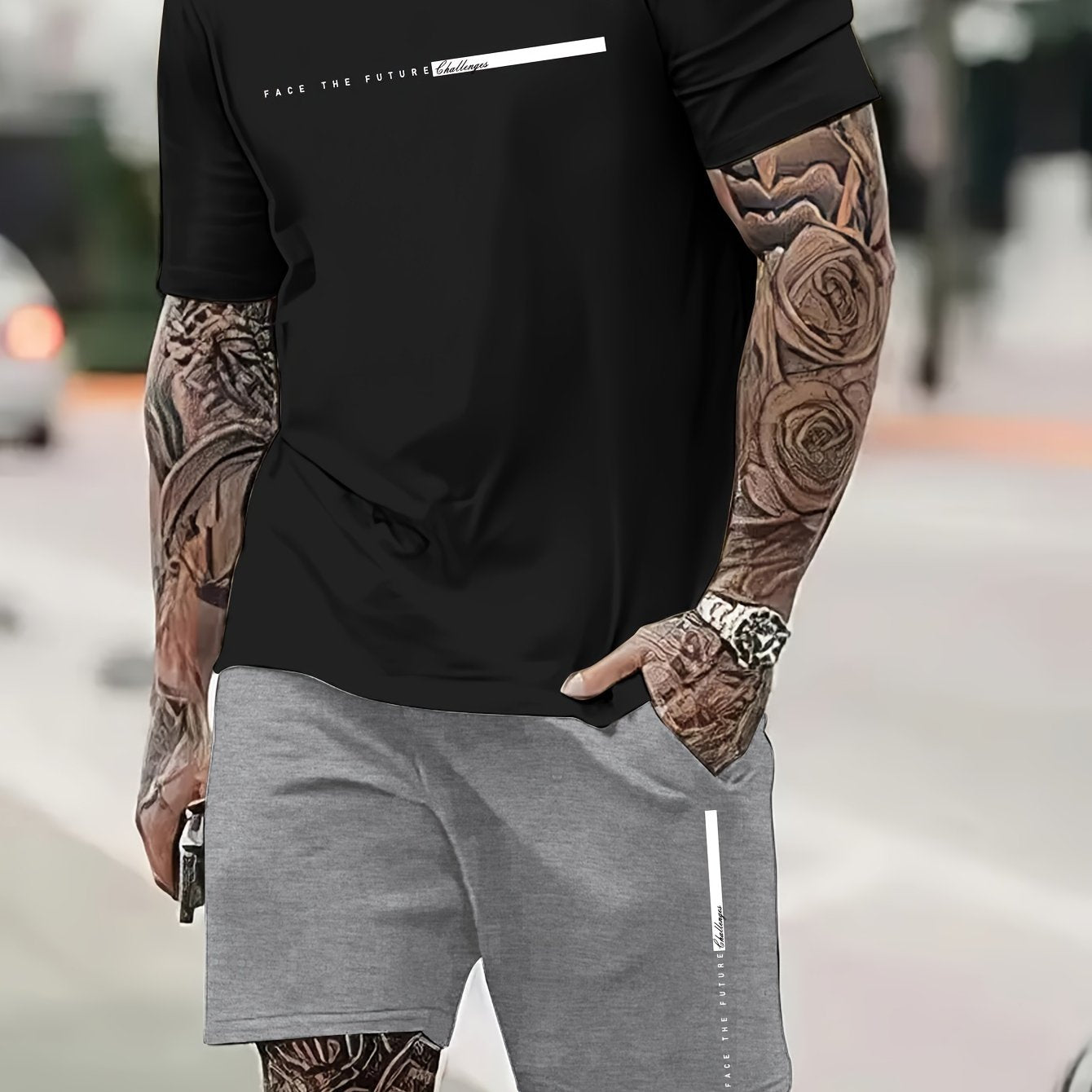 2Pcs Summer Comfy Outfits - Paris Pattern Print Short Sleeve Crew Neck T-shirt & Jogger Shorts Set for Men - Soft Slight Stretch Polyester Fabric, Regular Fit, Hand Washable, Casual Style