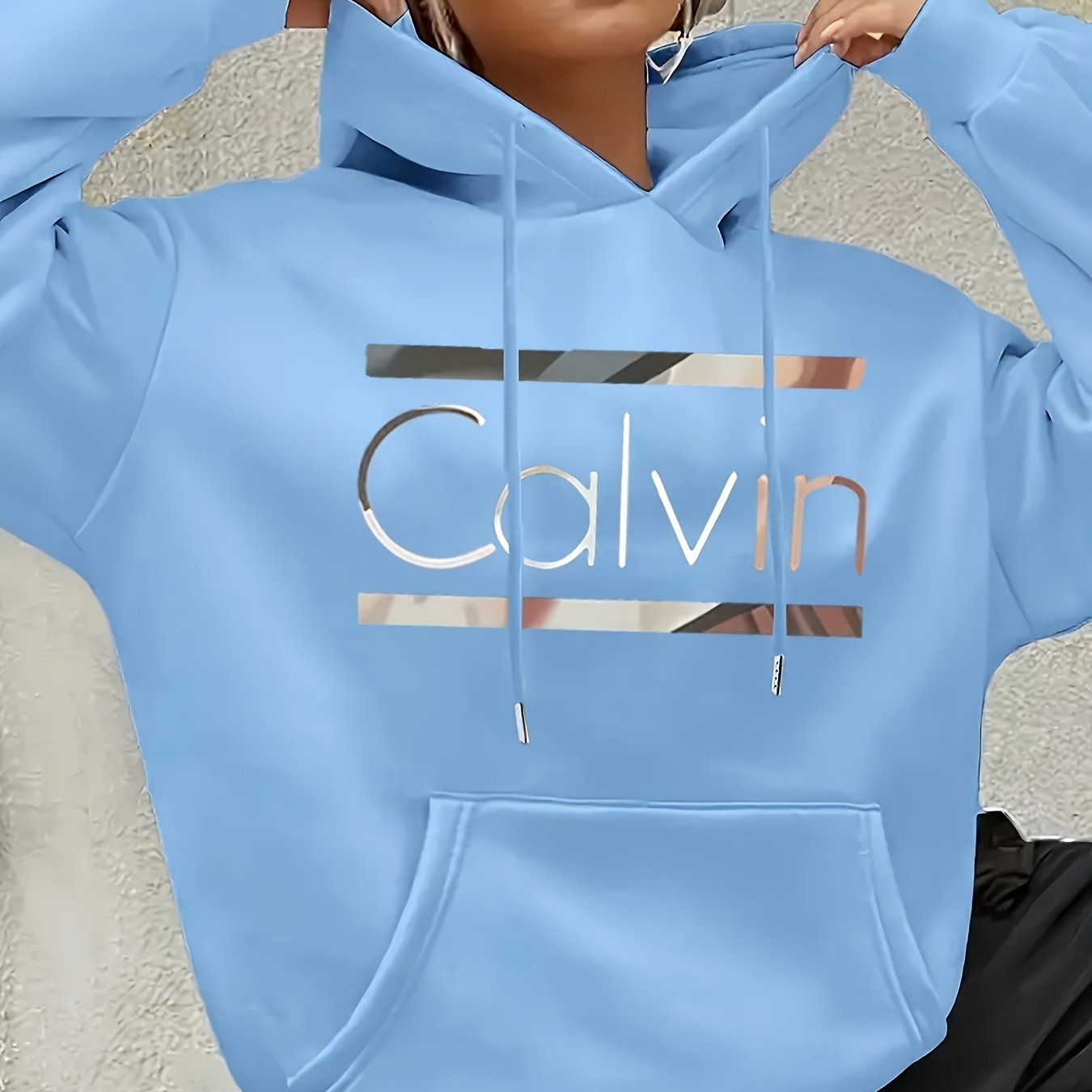 [Cozy Calvin Hoodie] Cozy Polyester Women's "Calvin" Graphic Hoodie | Casual Green Letter Print Pullover with Drawstrings, Long Sleeves, and Front Pocket