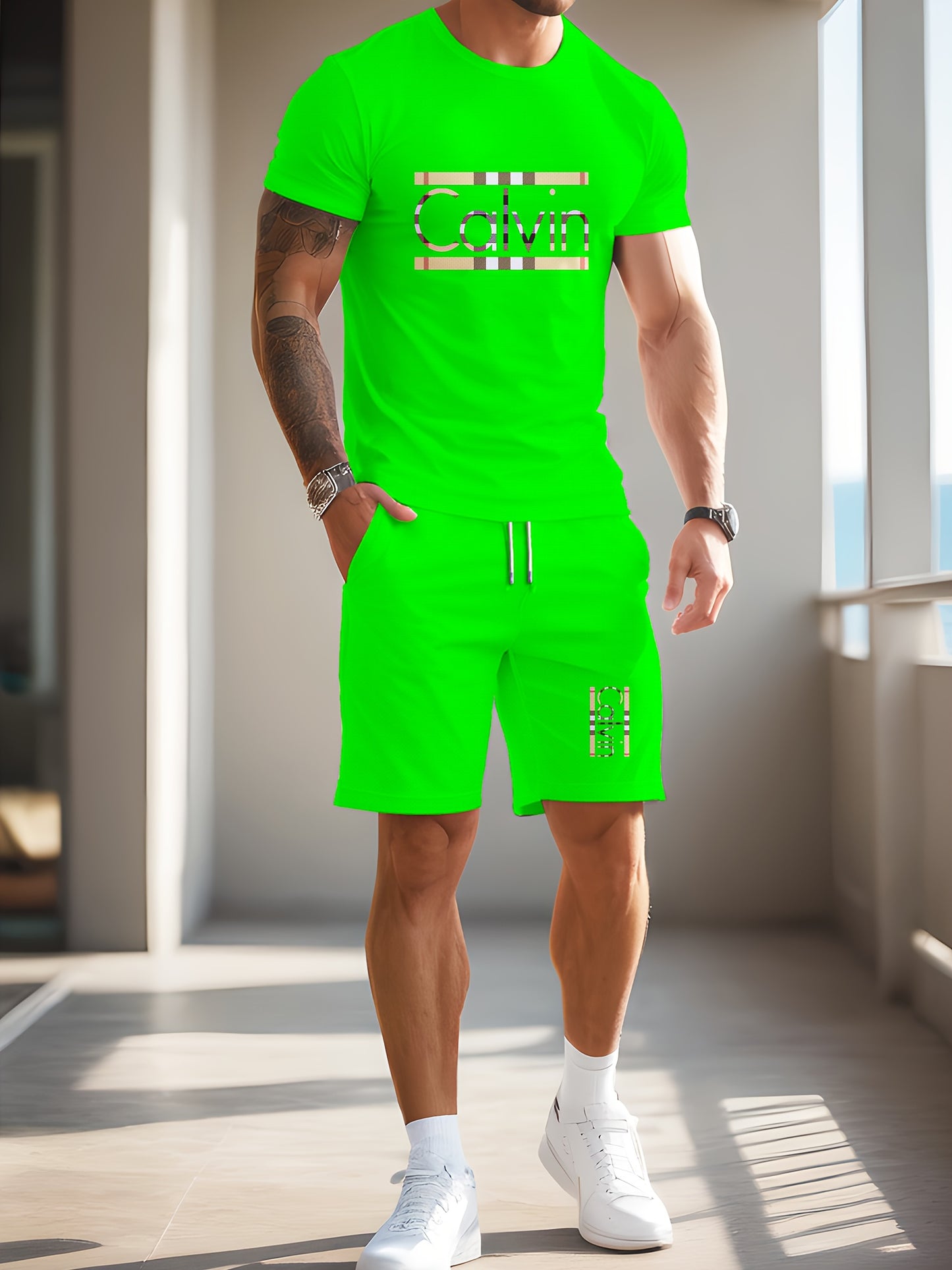Men'S Casual Street Style 3D Quick-Dry Crew Neck Short Sleeve T-Shirt & Beach Shorts Set - Vibrant Pink with "Calvin" Letter Print, Lightweight Summer Outfit for Casual Attire, Beach Attire|Vibrant Print Tee|Lightweight Fabri