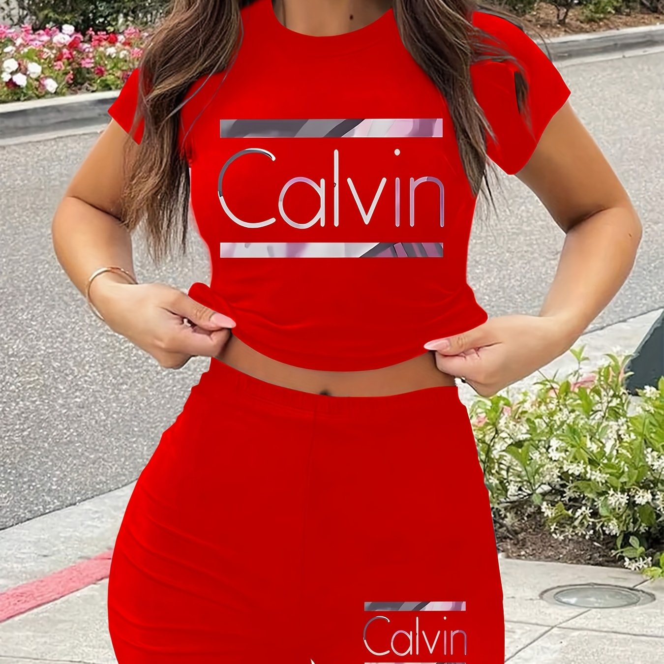 Women'S Calvin Print Red Two-Piece Casual Sportswear Set - Short Sleeve Crop Top & High-Waisted Shorts, Stretchy Polyester Blend, Round Neck, All-Season Comfort, High Waisted