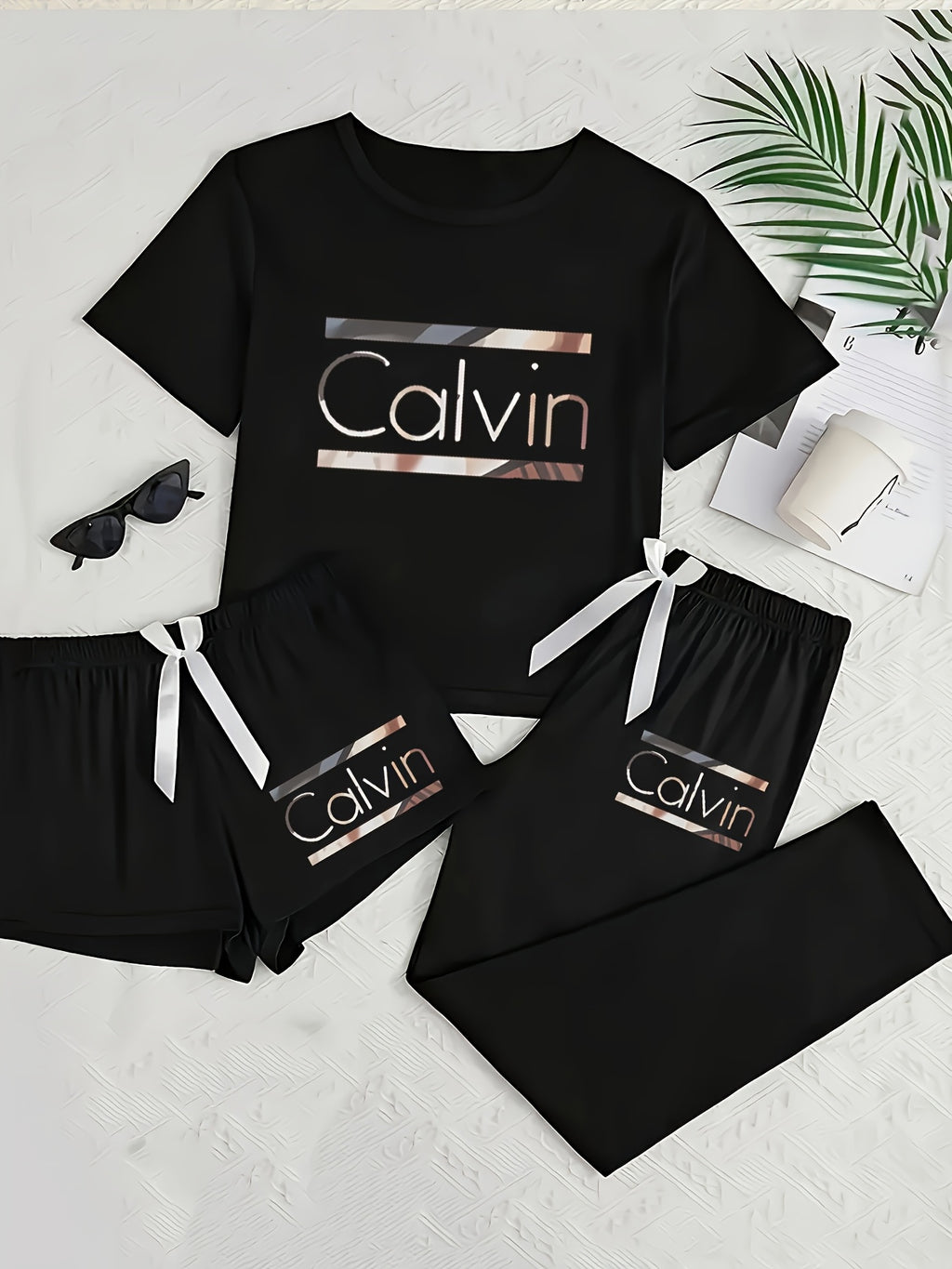 Three-Piece Pajama Set for Women with Calvin Print