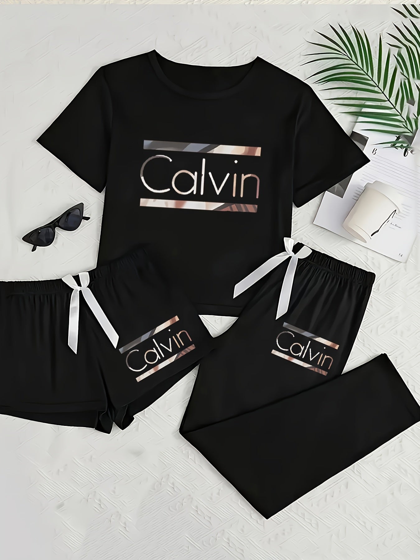 Three-Piece Pajama Set for Women with Calvin Print