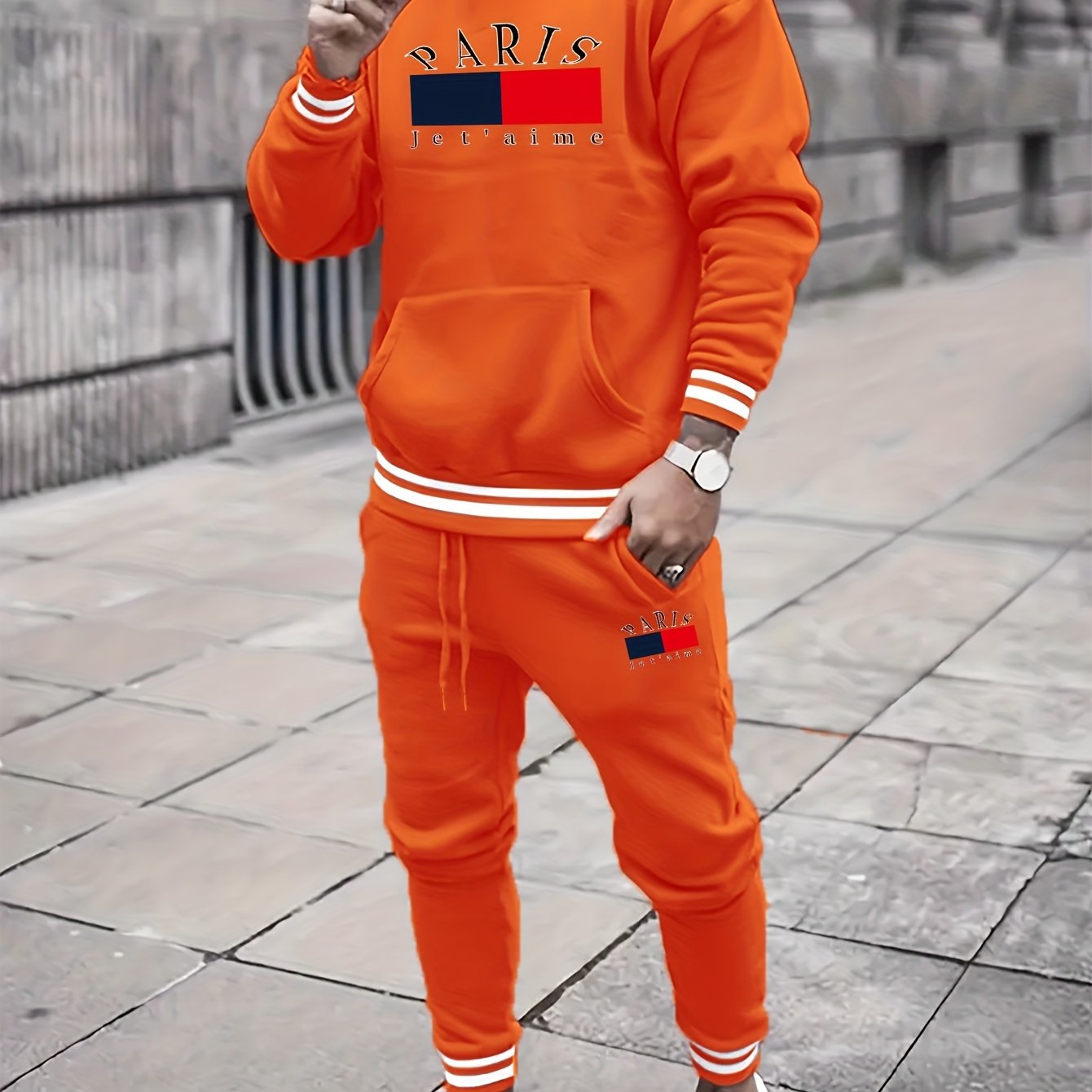 2-piece PARIS Print Men's Spring Fall Sports Outfit Set, Men's Hooded Sweatshirt With Kangaroo Pocket & Drawstring Sweatpants Set