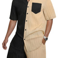 Men's Contrasting Short Sleeve Shirt And Shorts Sets, Polyester Fiber Woven Fashionable Chestand Pockets, Button-up And Lapel Top, Simple Drawstring Elastic Contraction Waistband And Side Pockets Pants, Men's Summer Casual Sp