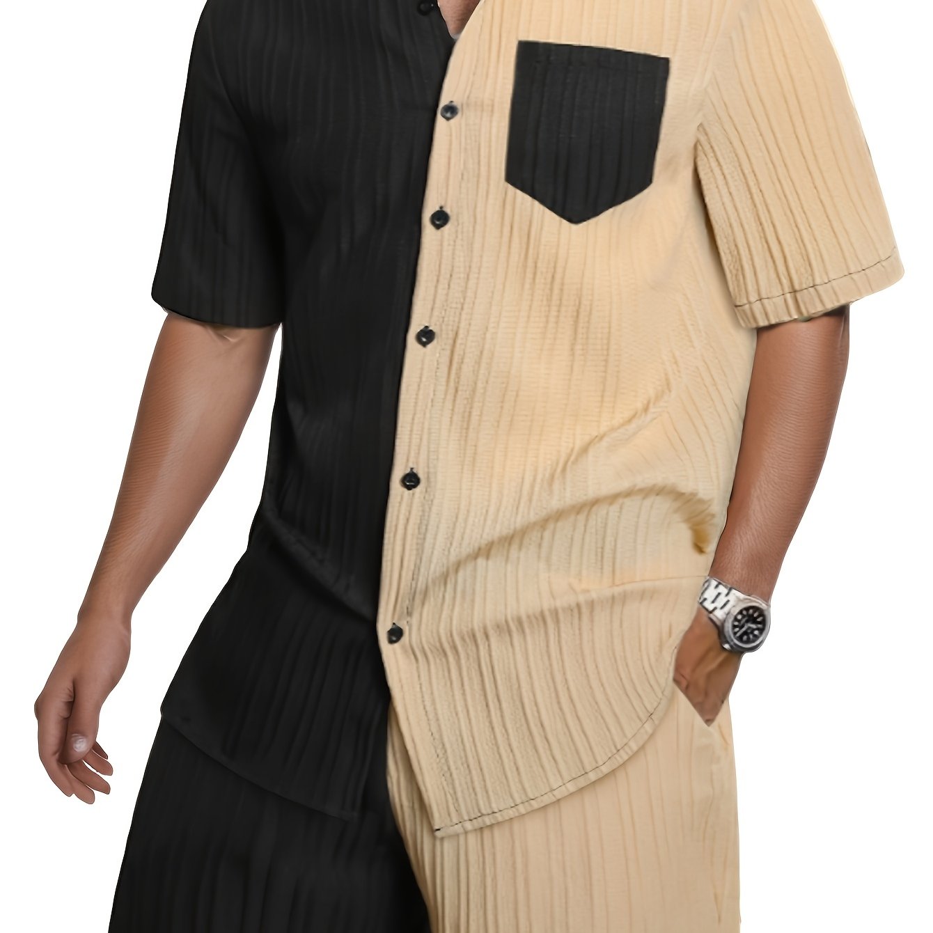 Men's Contrasting Short Sleeve Shirt And Shorts Sets, Polyester Fiber Woven Fashionable Chestand Pockets, Button-up And Lapel Top, Simple Drawstring Elastic Contraction Waistband And Side Pockets Pants, Men's Summer Casual Sp