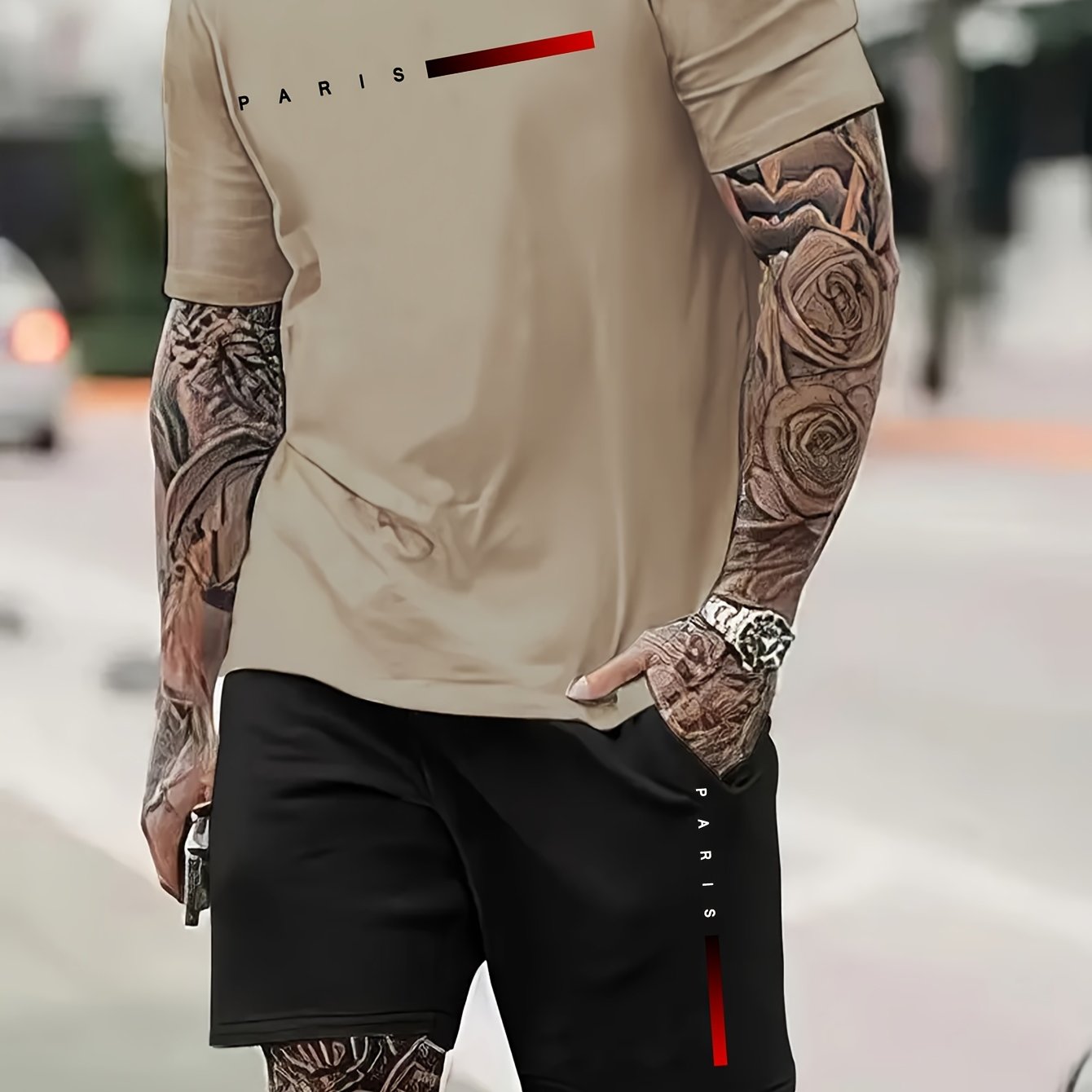 2Pcs Summer Comfy Outfits - Paris Pattern Print Short Sleeve Crew Neck T-shirt & Jogger Shorts Set for Men - Soft Slight Stretch Polyester Fabric, Regular Fit, Hand Washable, Casual Style