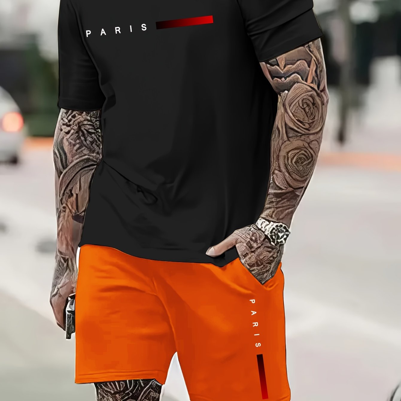 2Pcs Summer Comfy Outfits - Paris Pattern Print Short Sleeve Crew Neck T-shirt & Jogger Shorts Set for Men - Soft Slight Stretch Polyester Fabric, Regular Fit, Hand Washable, Casual Style