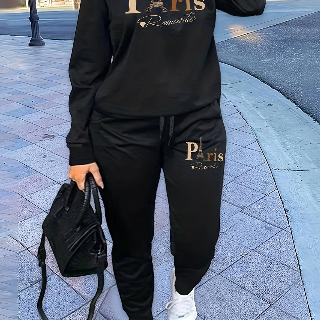 Plus Size Paris Letter Print Two-piece Set, Long Sleeve Crew Neck Sweatshirt & Pants Outfits, Women's Plus Size Clothing
