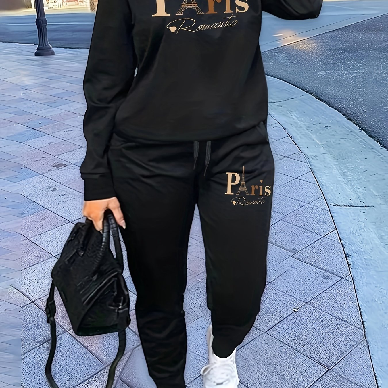 Plus Size Paris Letter Print Two-piece Set, Long Sleeve Crew Neck Sweatshirt & Pants Outfits, Women's Plus Size Clothing