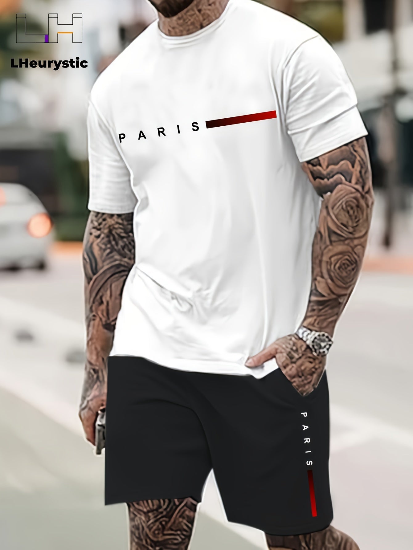 2pcs Paris Print Men's Short Sleeve T-shirt & Drawstring Shorts Casual Sports Regular Tee Top Pants Suit Outfits for Spring Summer