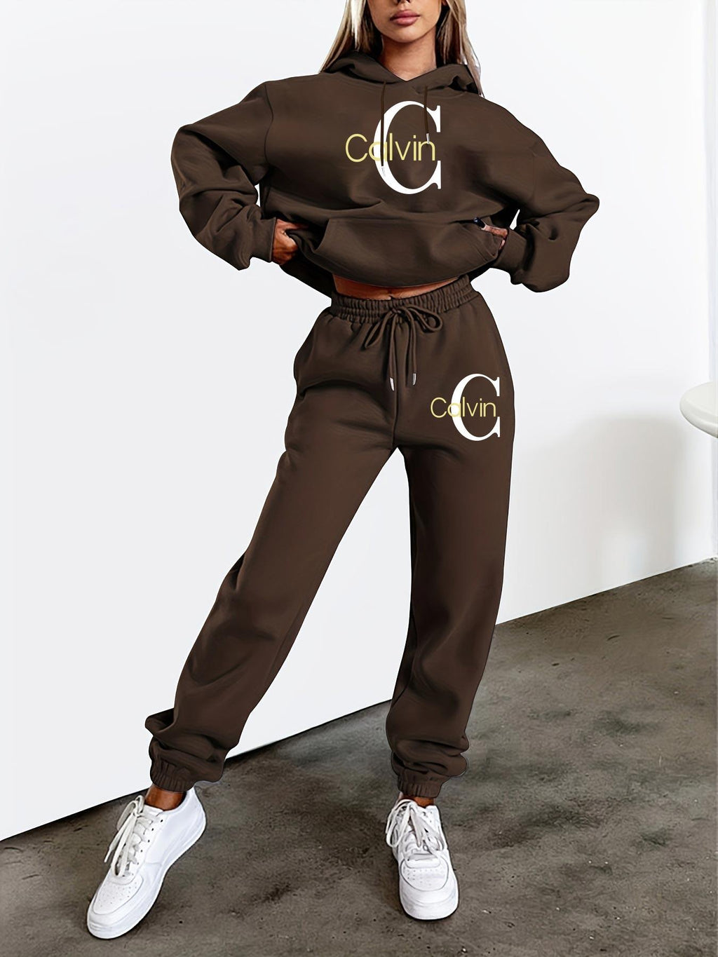 Women'S Printed Sweatshirt & Pants Set - Gray Pullover with "Calvin" Logo, Kangaroo Pocket, Machine Washable, Casual Wear, Casual Wear|Graphic Hoodie|Machine Washable Top, Sweater Hoodie