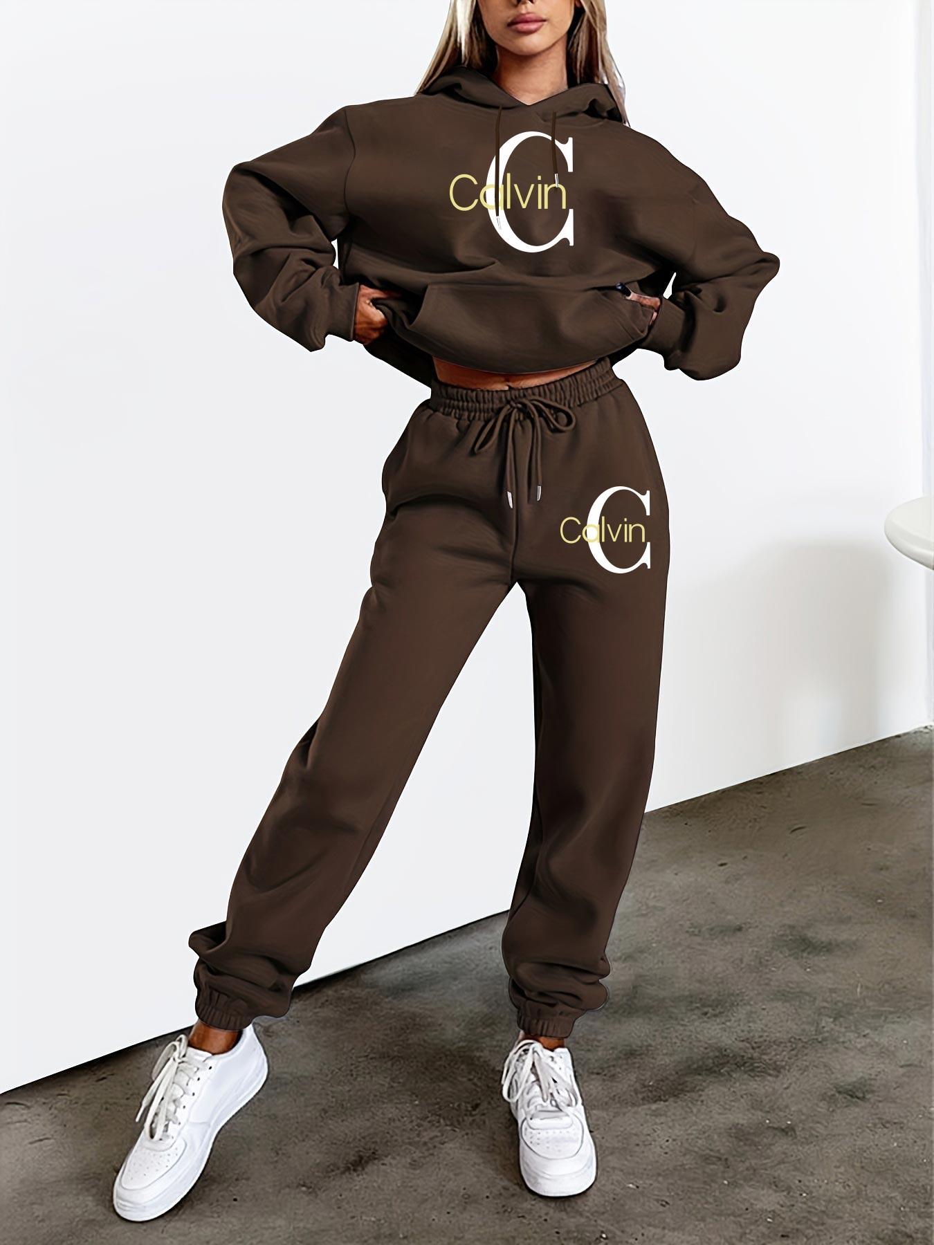 Women'S Printed Sweatshirt & Pants Set - Gray Pullover with "Calvin" Logo, Kangaroo Pocket, Machine Washable, Casual Wear, Casual Wear|Graphic Hoodie|Machine Washable Top, Sweater Hoodie