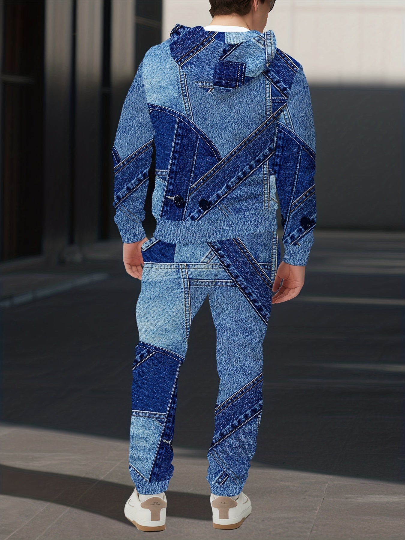 New Blue Denim Patchwork Style Pattern Digital Print Sportswear Set Hooded Sweatshirt + Jogger 2pcs Set with Letter Design and White Stripe Print Fashion Casual Long Sleeve Hoodie and Pants Set