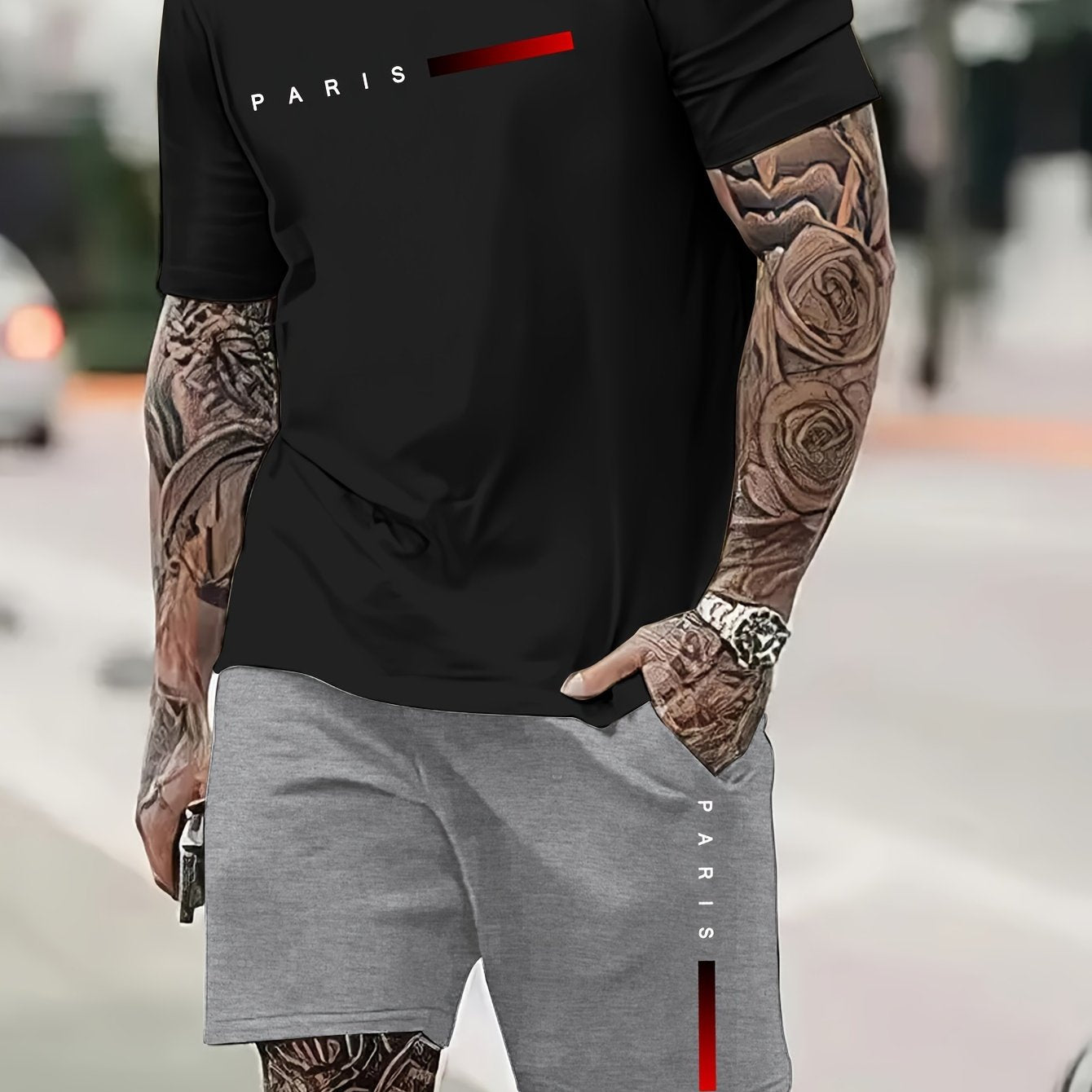 2Pcs Summer Comfy Outfits - Paris Pattern Print Short Sleeve Crew Neck T-shirt & Jogger Shorts Set for Men - Soft Slight Stretch Polyester Fabric, Regular Fit, Hand Washable, Casual Style