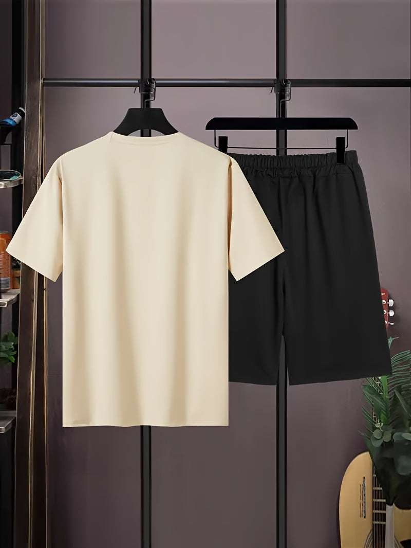 2pcs Paris Print Men's Short Sleeve T-shirt & Drawstring Shorts Casual Sports Regular Tee Top Pants Suit Outfits for Spring Summer