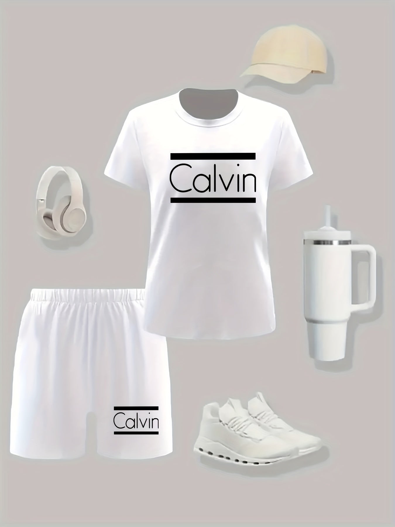 Women'S Calvin Print Red Two-Piece Casual Sportswear Set - Short Sleeve Crop Top & High-Waisted Shorts, Stretchy Polyester Blend, Round Neck, All-Season Comfort, High Waisted