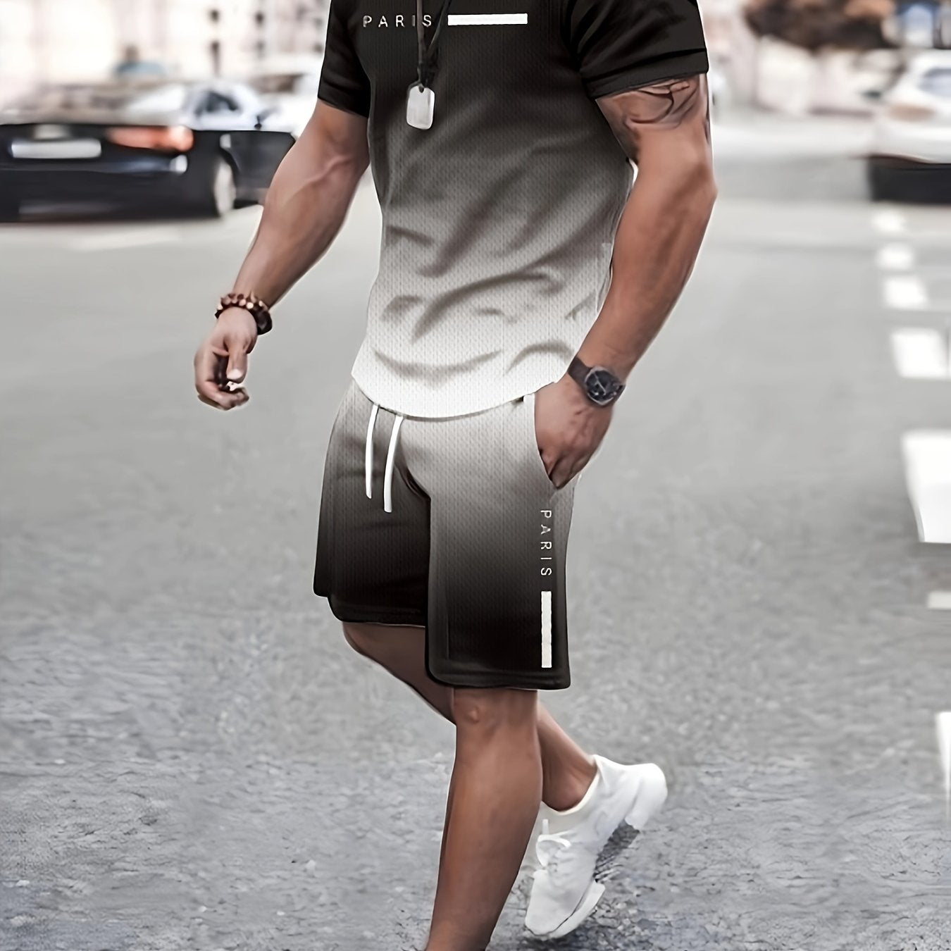 Men's Two-piece Set Of Gradient Color Tops And Shorts, Letter Print "PARIS" Crew Neck And Short Sleeve T-shirt And Shorts With Drawstring And Pockets, Casual And Trendy Set For Summer Outdoors Wear