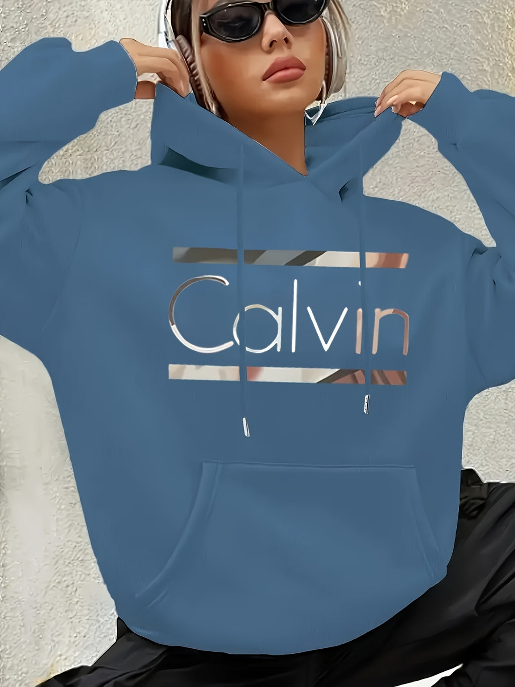 [Cozy Calvin Hoodie] Cozy Polyester Women's "Calvin" Graphic Hoodie | Casual Green Letter Print Pullover with Drawstrings, Long Sleeves, and Front Pocket