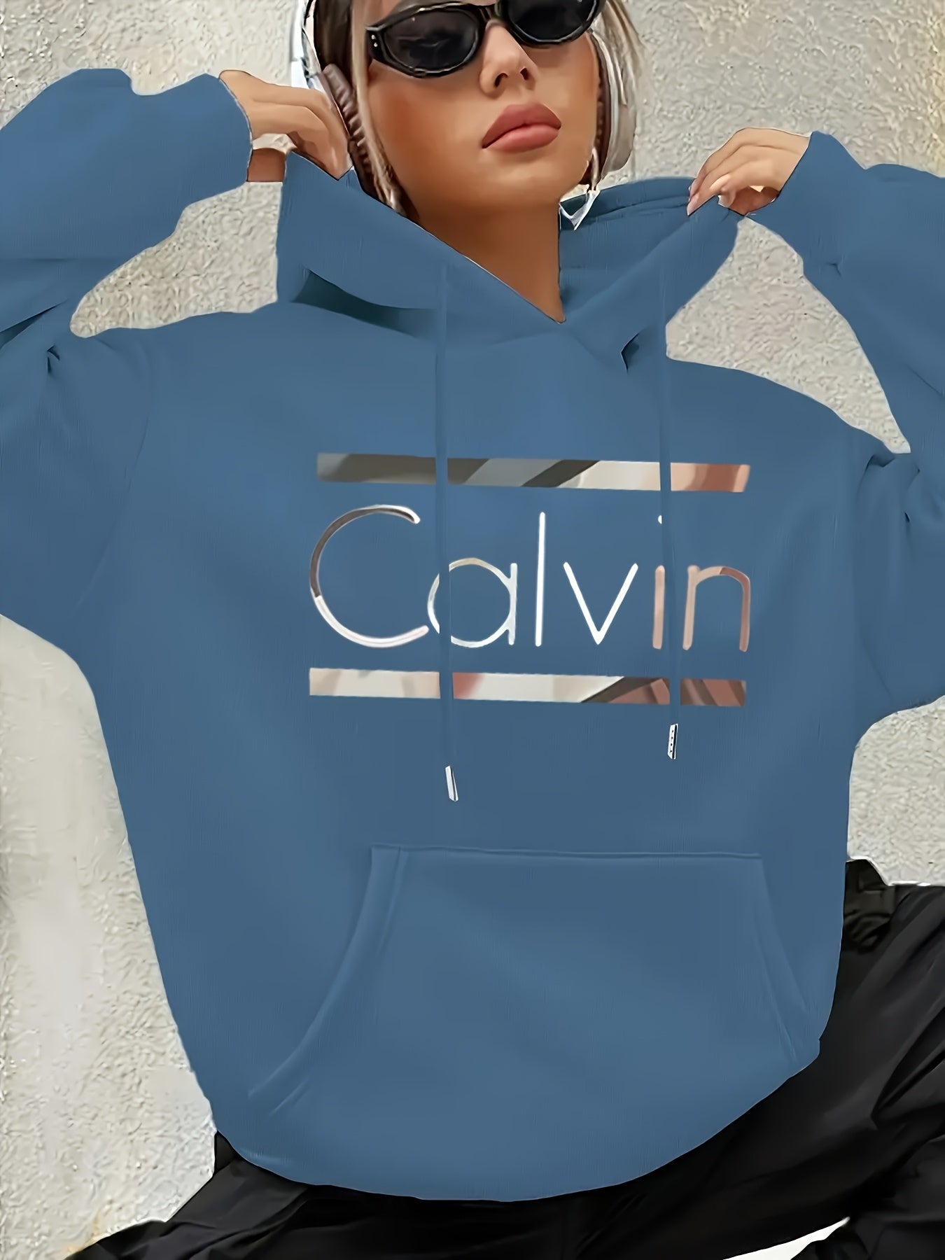 [Cozy Calvin Hoodie] Cozy Polyester Women's "Calvin" Graphic Hoodie | Casual Green Letter Print Pullover with Drawstrings, Long Sleeves, and Front Pocket