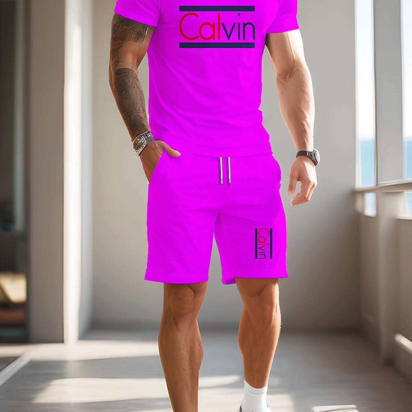 Men'S Casual Street Style 3D Quick-Dry Crew Neck Short Sleeve T-Shirt & Beach Shorts Set - Vibrant Pink with "Calvin" Letter Print, Lightweight Summer Outfit for Casual Attire, Beach Attire|Vibrant Print Tee|Lightweight Fabri