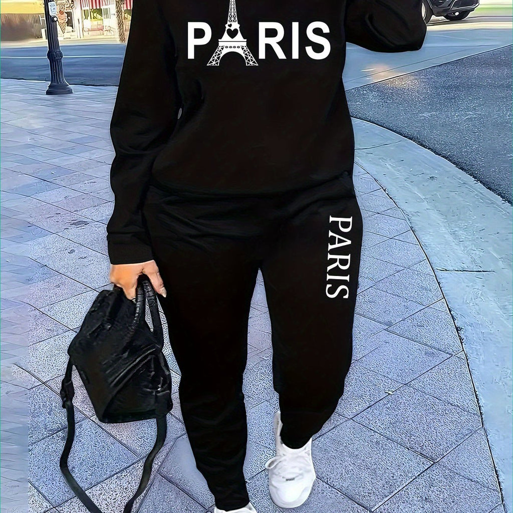 Paris-Inspired Women's Casual Sweatshirt & Jogger Set - Letter Print, Crew Neck, Long Sleeve, Machine Washable - Perfect for Fall/Winter