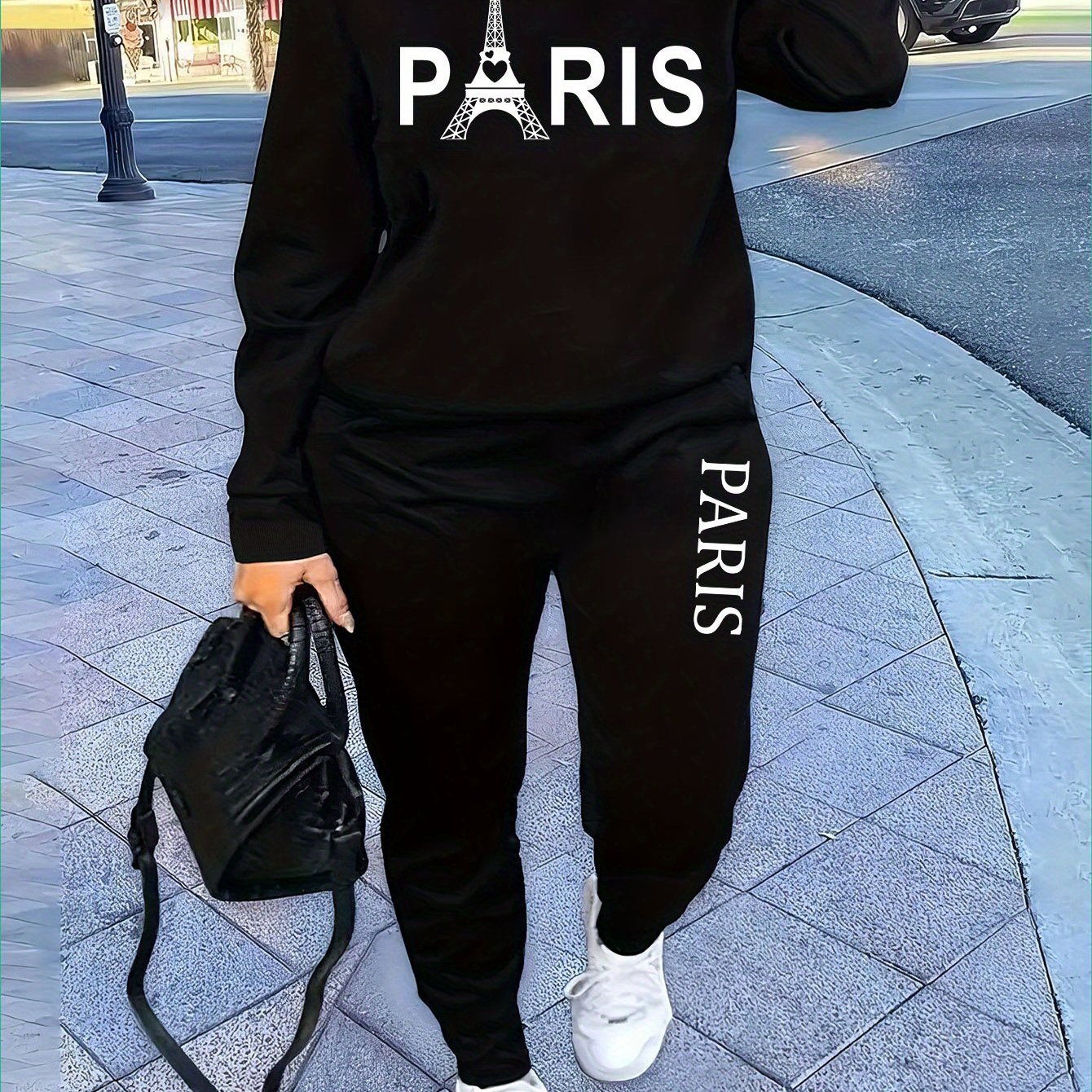 Paris-Inspired Women's Casual Sweatshirt & Jogger Set - Letter Print, Crew Neck, Long Sleeve, Machine Washable - Perfect for Fall/Winter