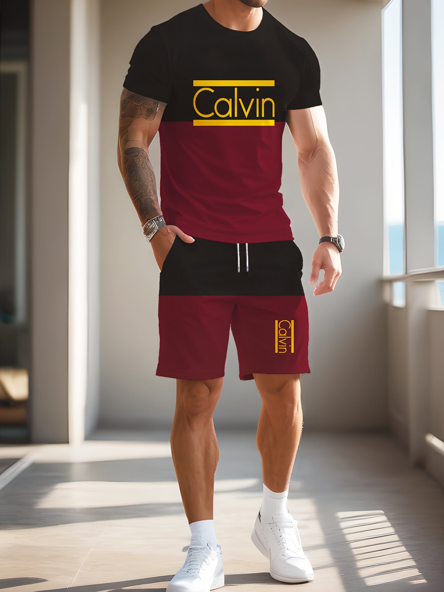 Men'S Casual Street Style 3D Quick-Dry Crew Neck Short Sleeve T-Shirt & Beach Shorts Set - Vibrant Pink with "Calvin" Letter Print, Lightweight Summer Outfit for Casual Attire, Beach Attire|Vibrant Print Tee|Lightweight Fabri