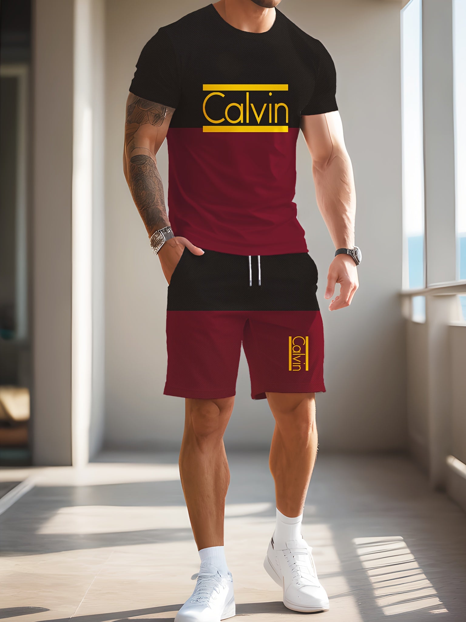 Men'S Casual Street Style 3D Quick-Dry Crew Neck Short Sleeve T-Shirt & Beach Shorts Set - Vibrant Pink with "Calvin" Letter Print, Lightweight Summer Outfit for Casual Attire, Beach Attire|Vibrant Print Tee|Lightweight Fabri
